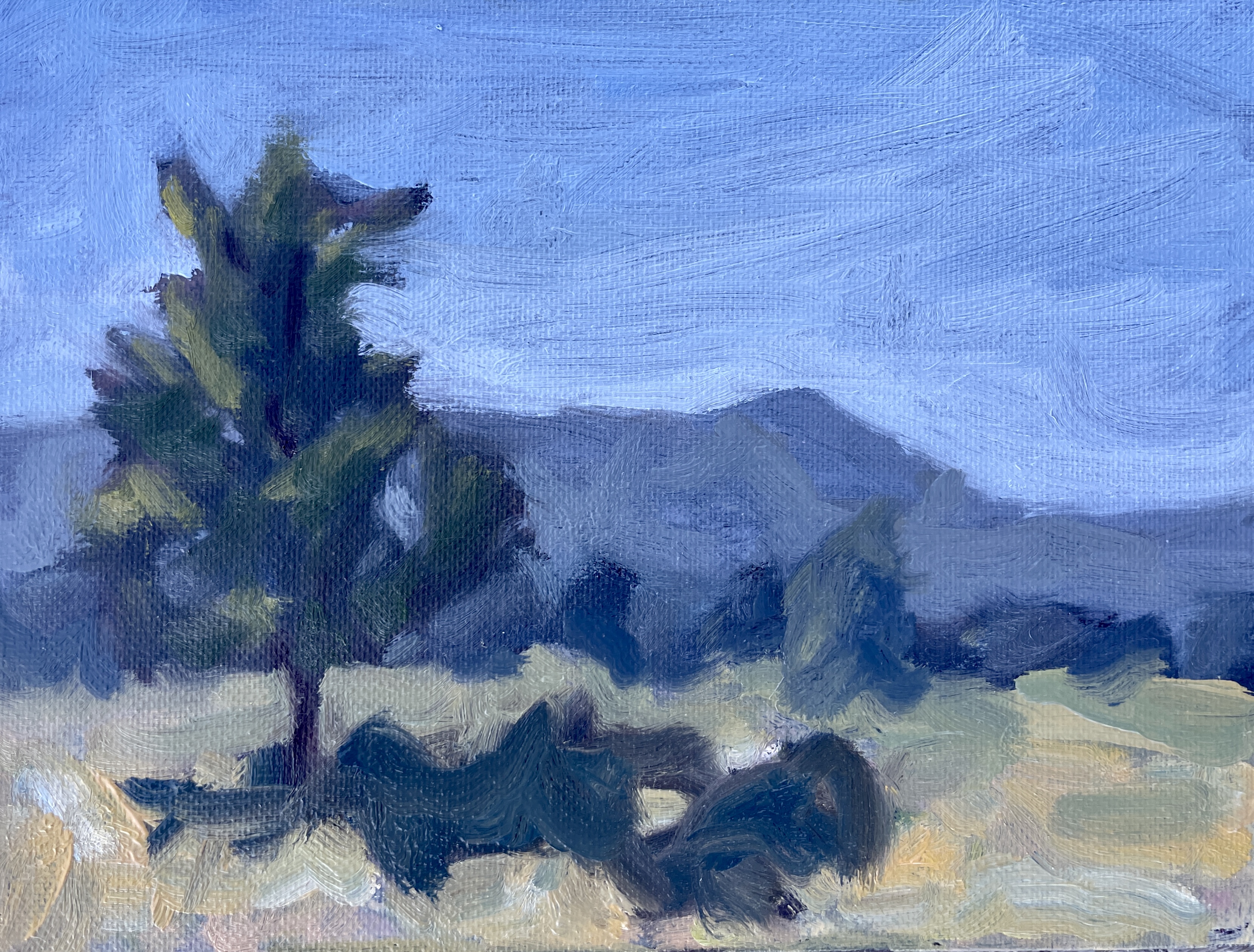 A painting of a tree in a grassy field on a sunny day, with mountains in the background.
