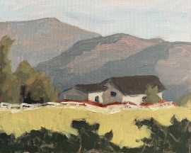 A painting of a house with mountains in the background on a sunny day.
