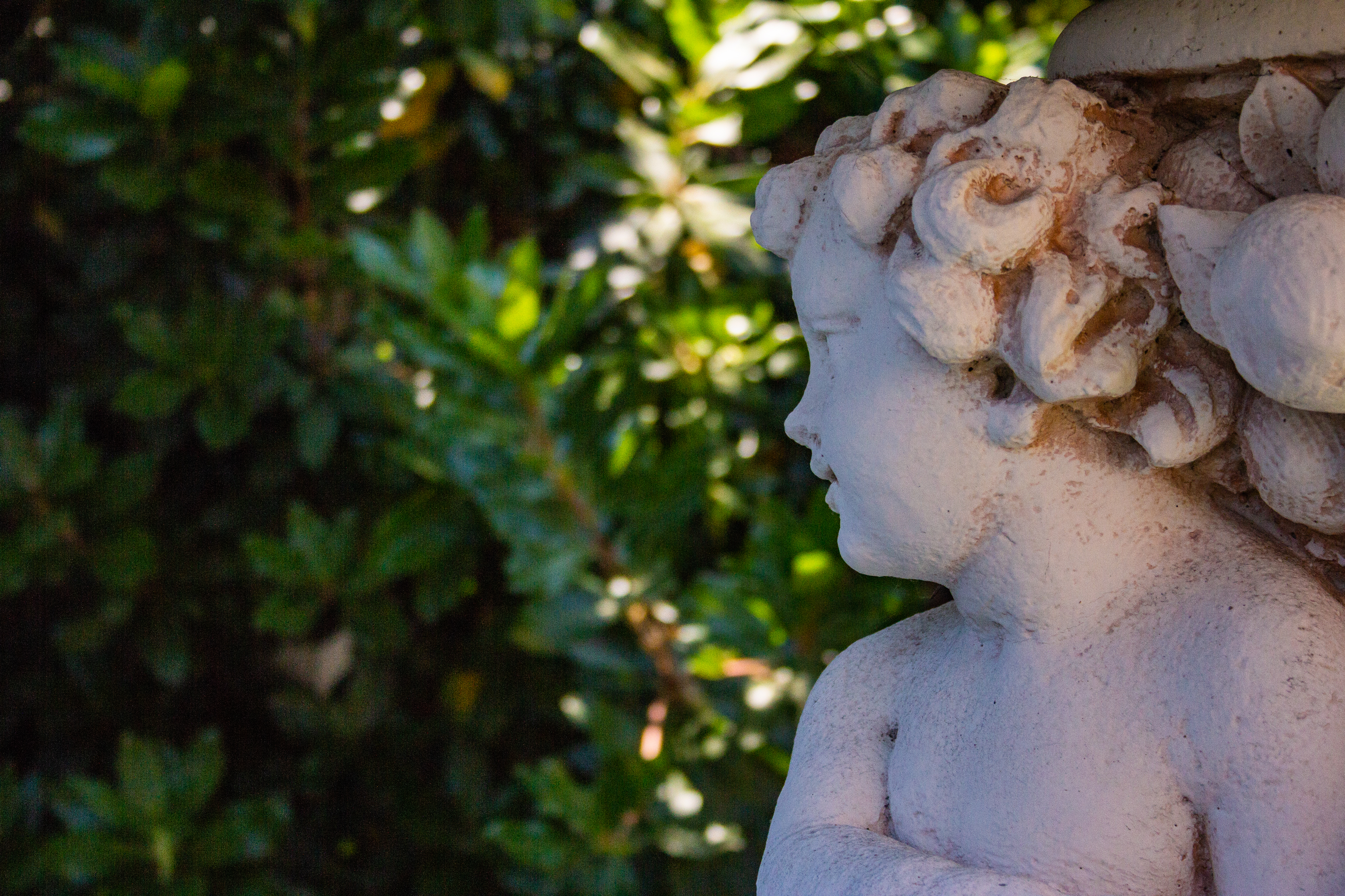 A photograph of a sculpture, close up to a face in the sculpture.