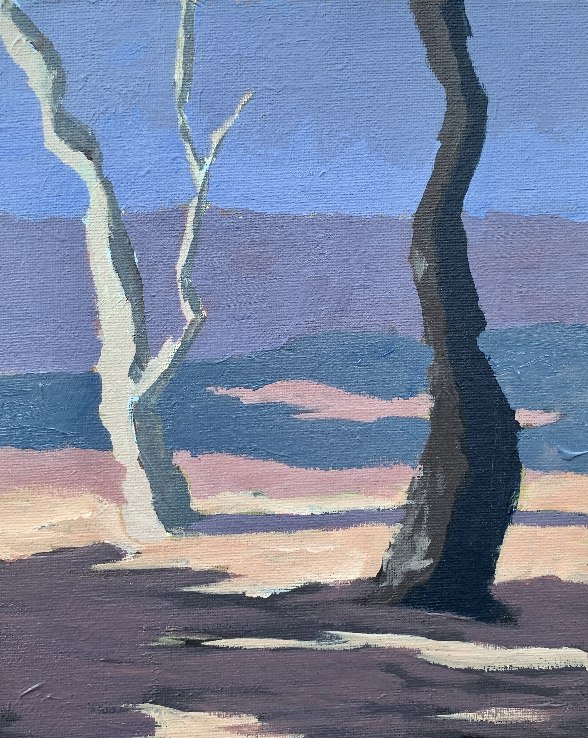 A painting of two bare trees lit by late day sun.