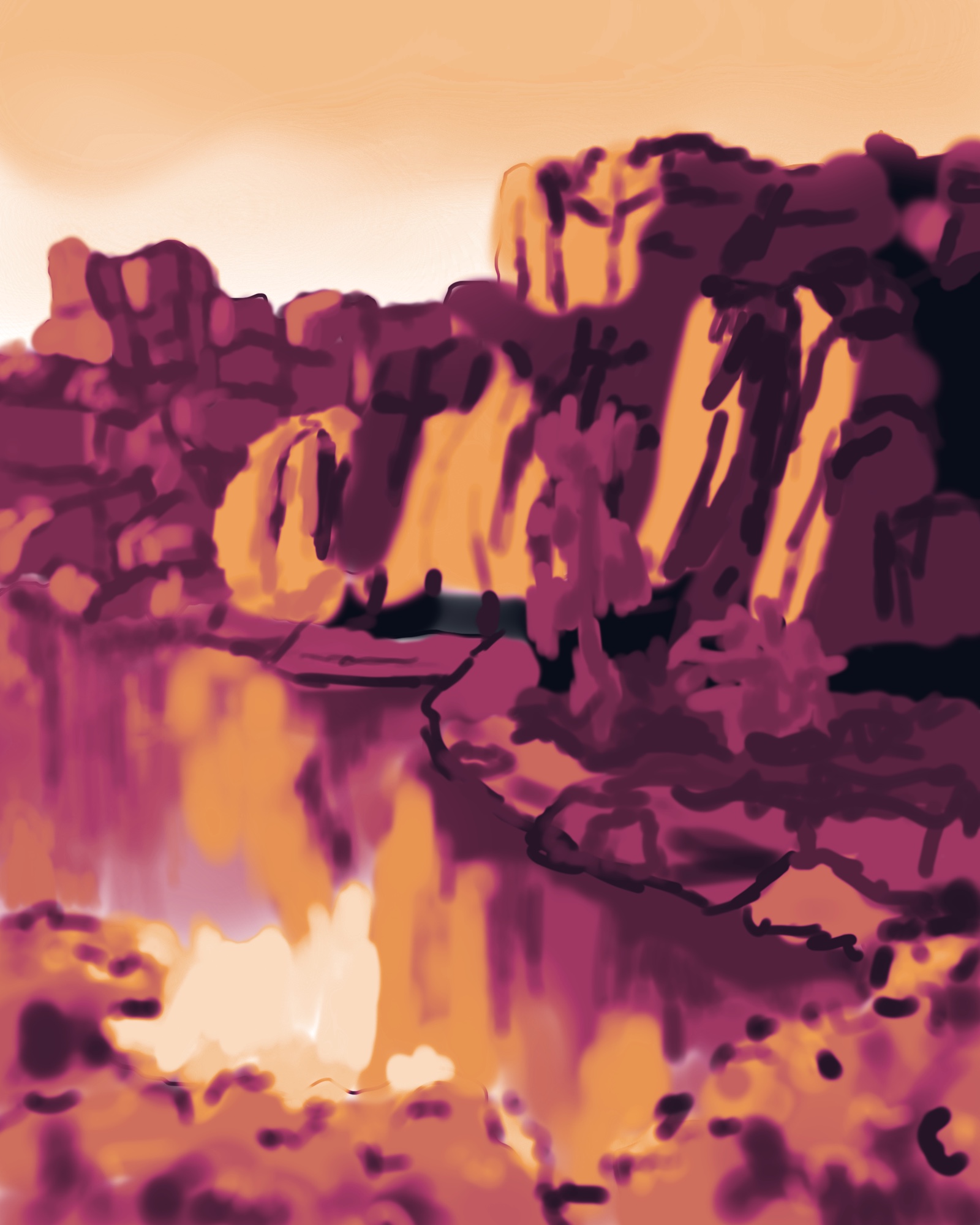 A digital painting of a lake, with tall rocks on the shore.