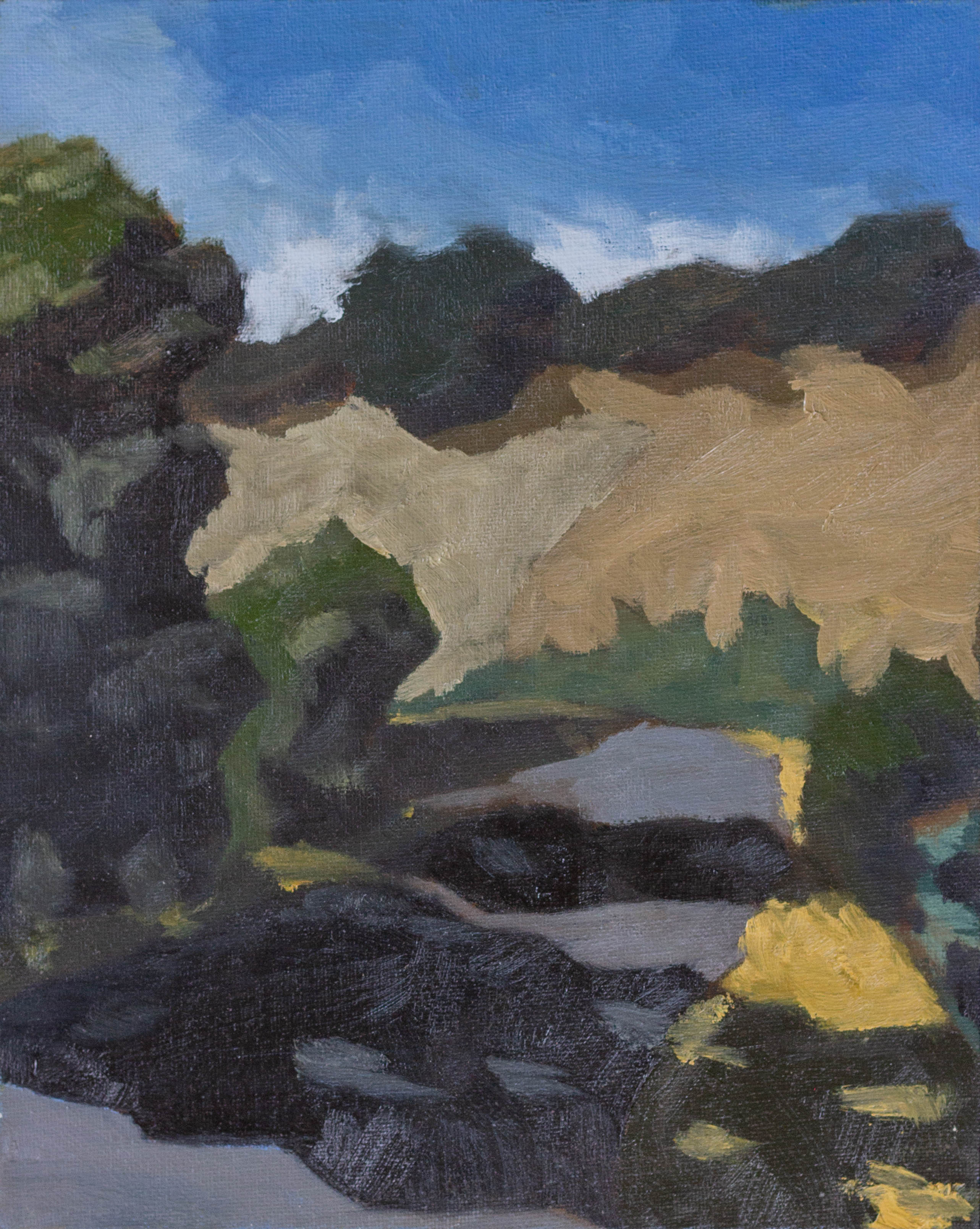An oil painting of a road through the valley, with shadows cast on it by the tall trees along its side.