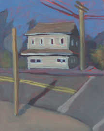 A painting of a building across the street.