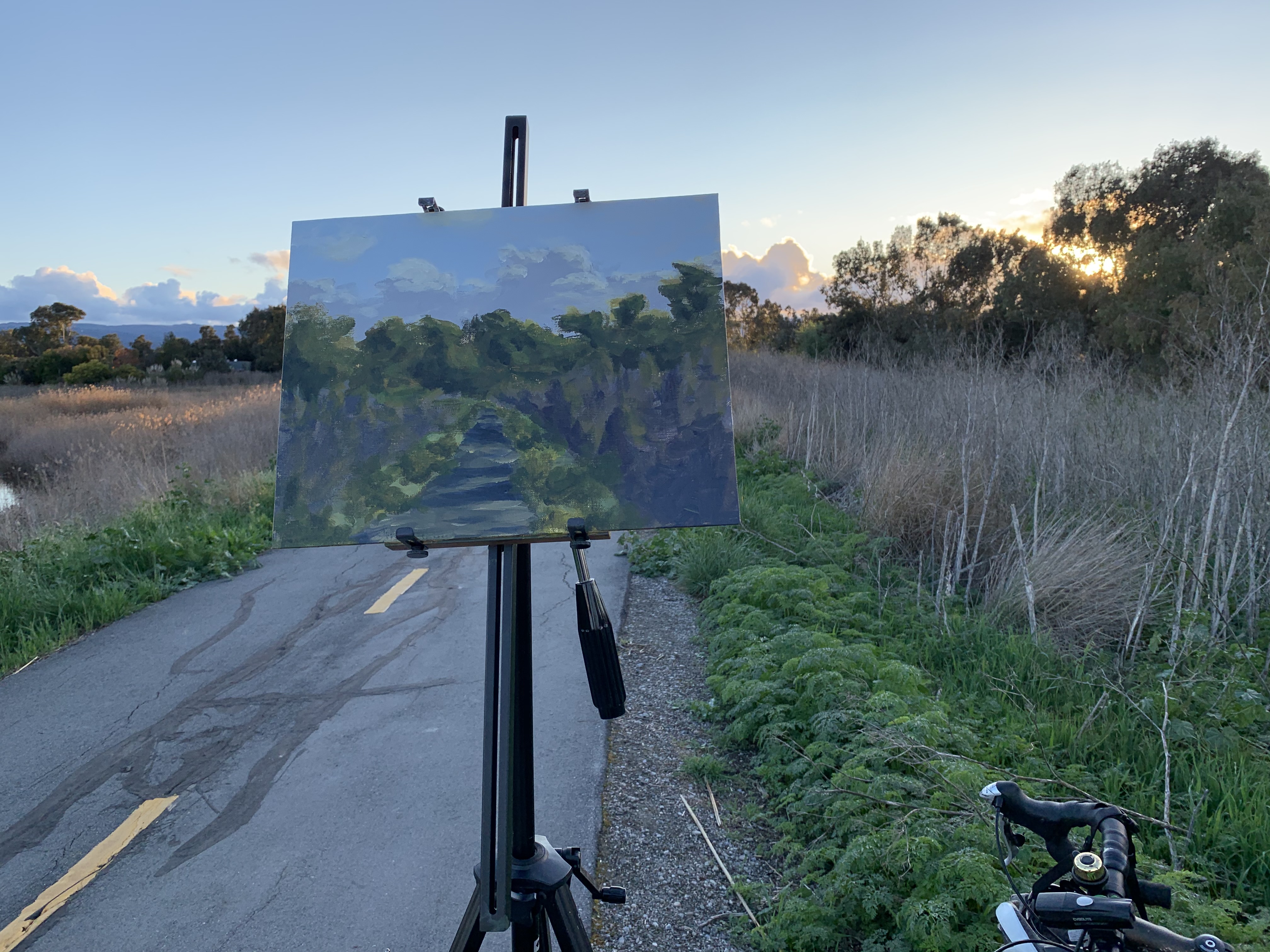 A photograph of a painting shown in context of the scene it is a painting of: A bike pack with clouds in the distance.
