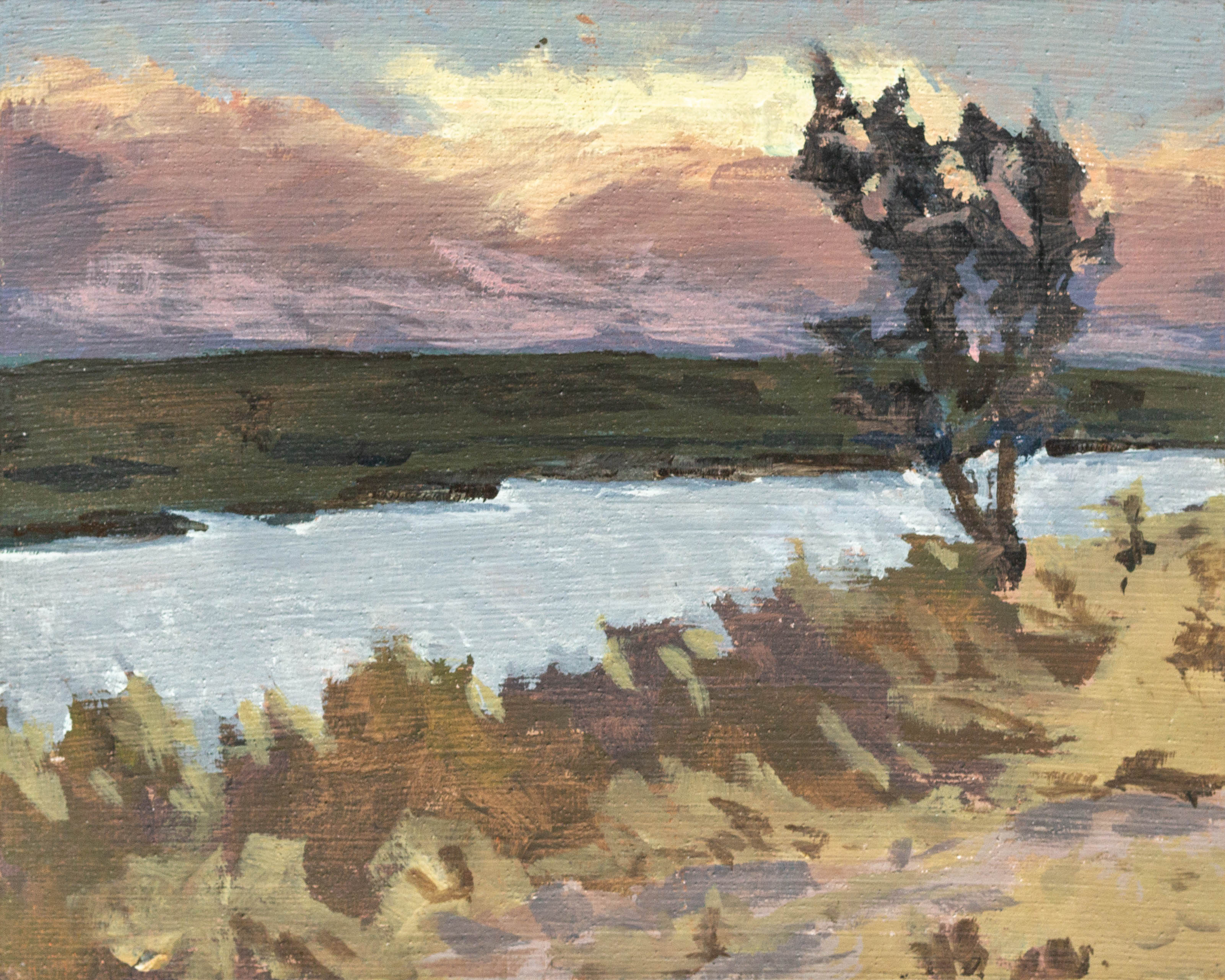 A painting of a tree by the river at sunset.