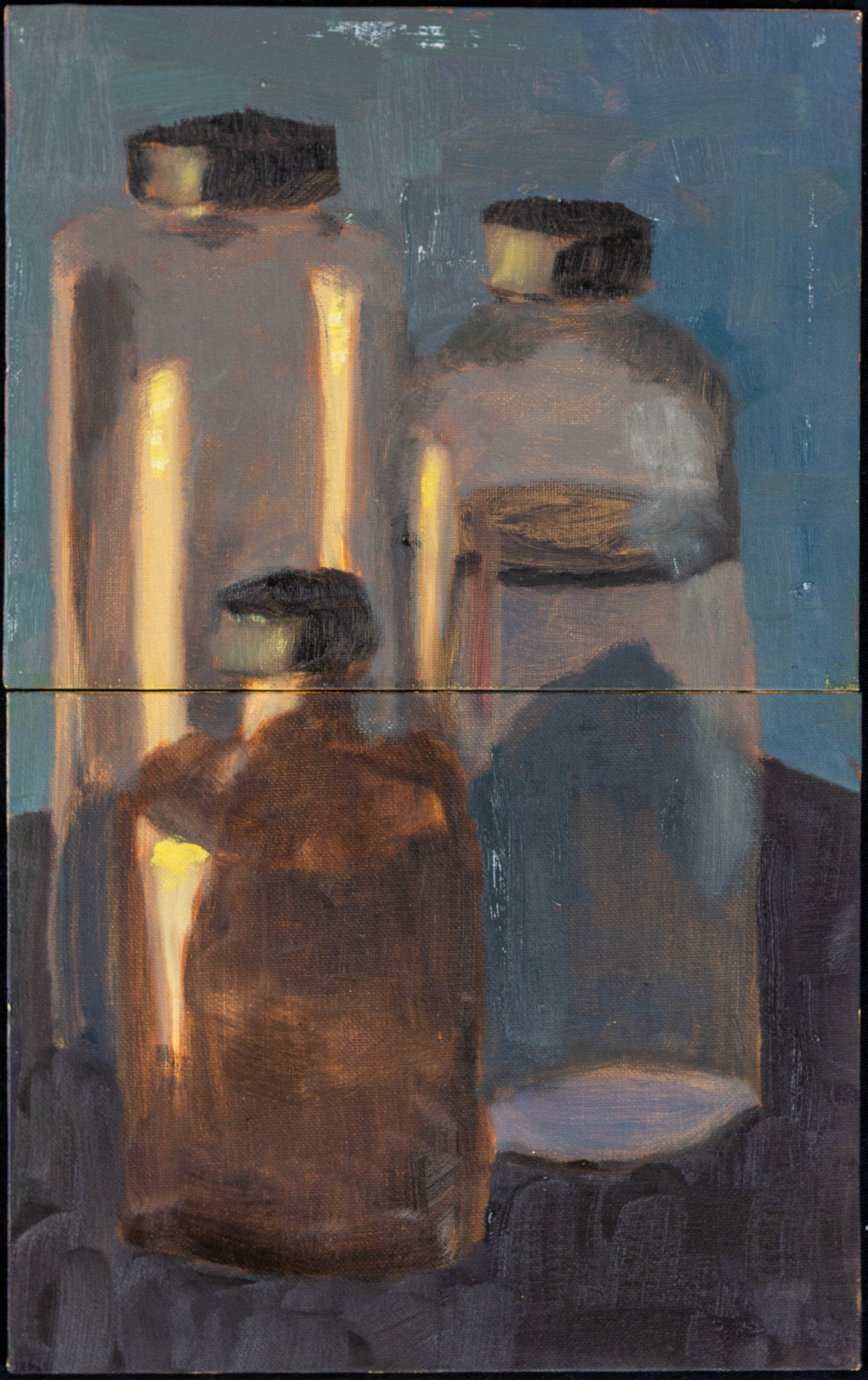 A diptych oil painting, showing some glass bottles illuminated by candle light.