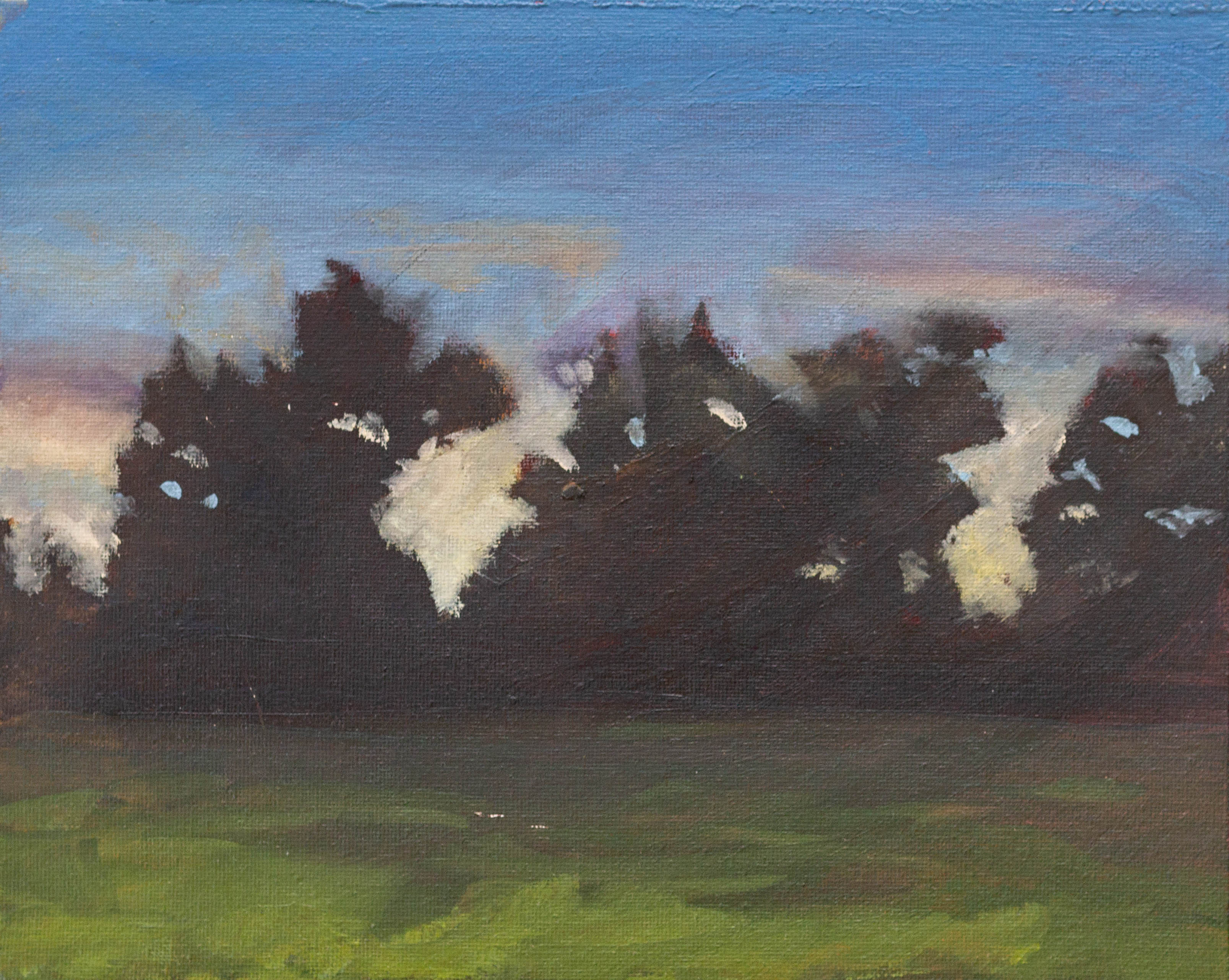A painting of some trees beyond a field just after sunset.