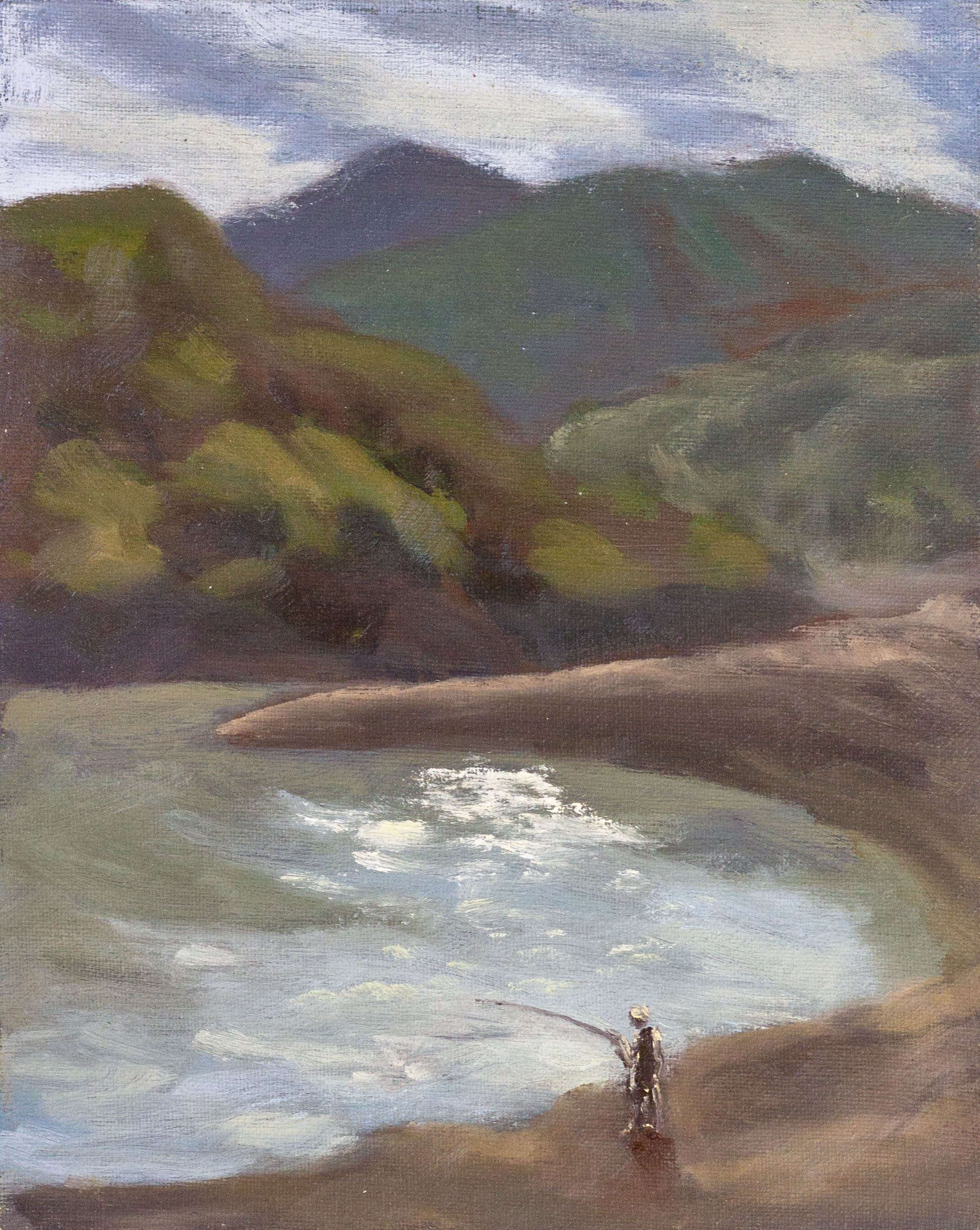 A painting of a person fishing at a lake on a warm day beside the mountains.