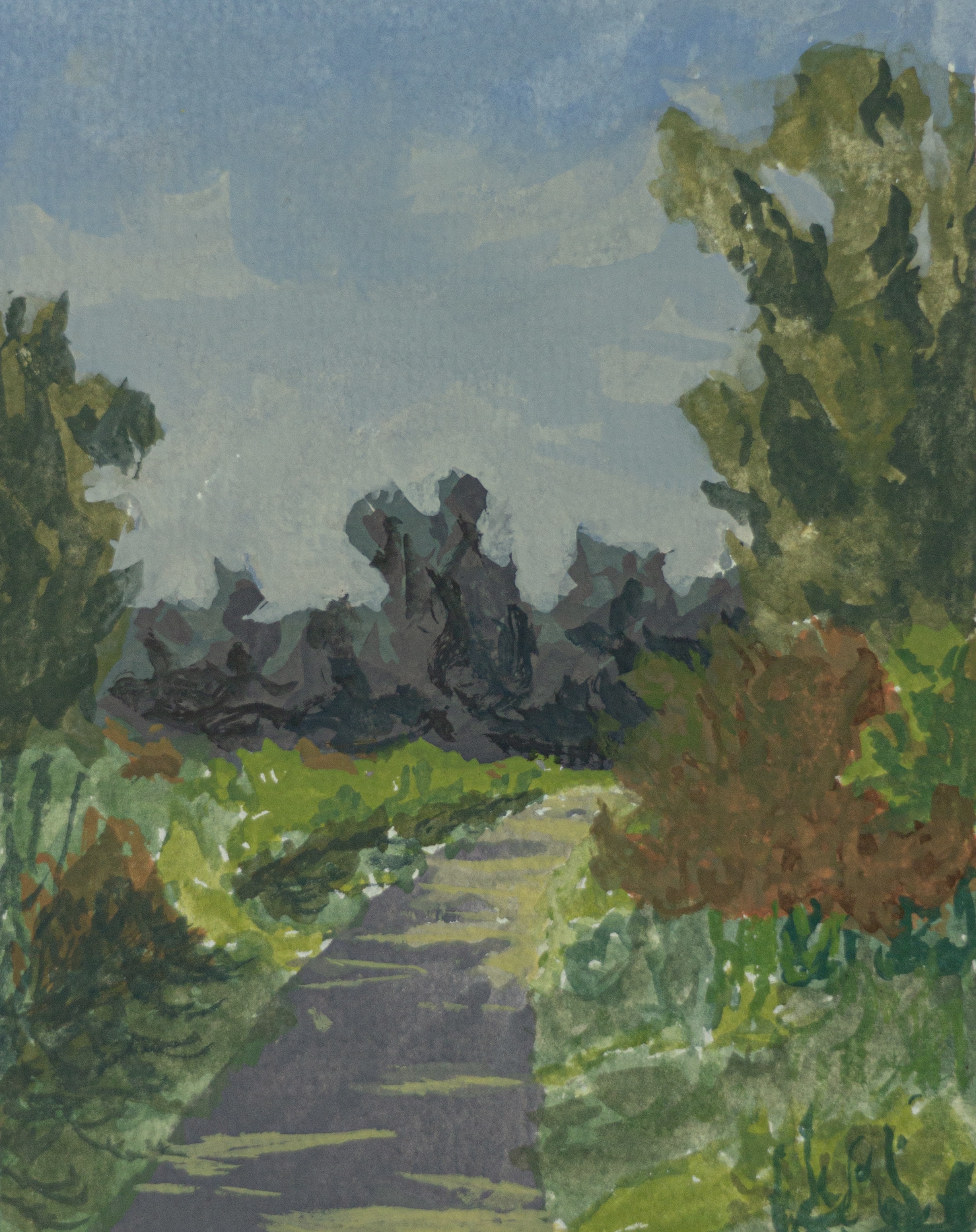 A painting of a pathway through a park on a sunny day.
