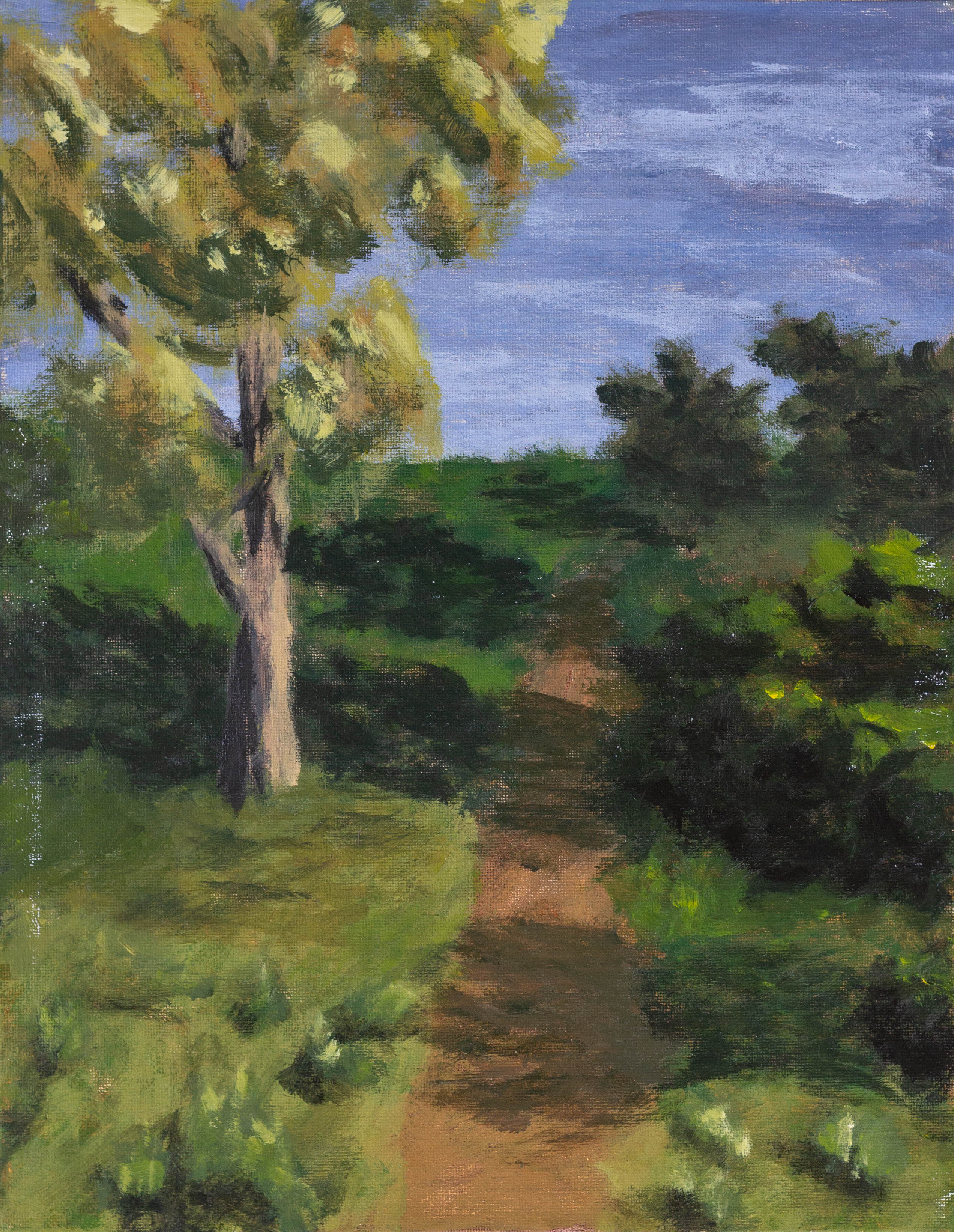 A painting of a tree next to a path on a sunny day.