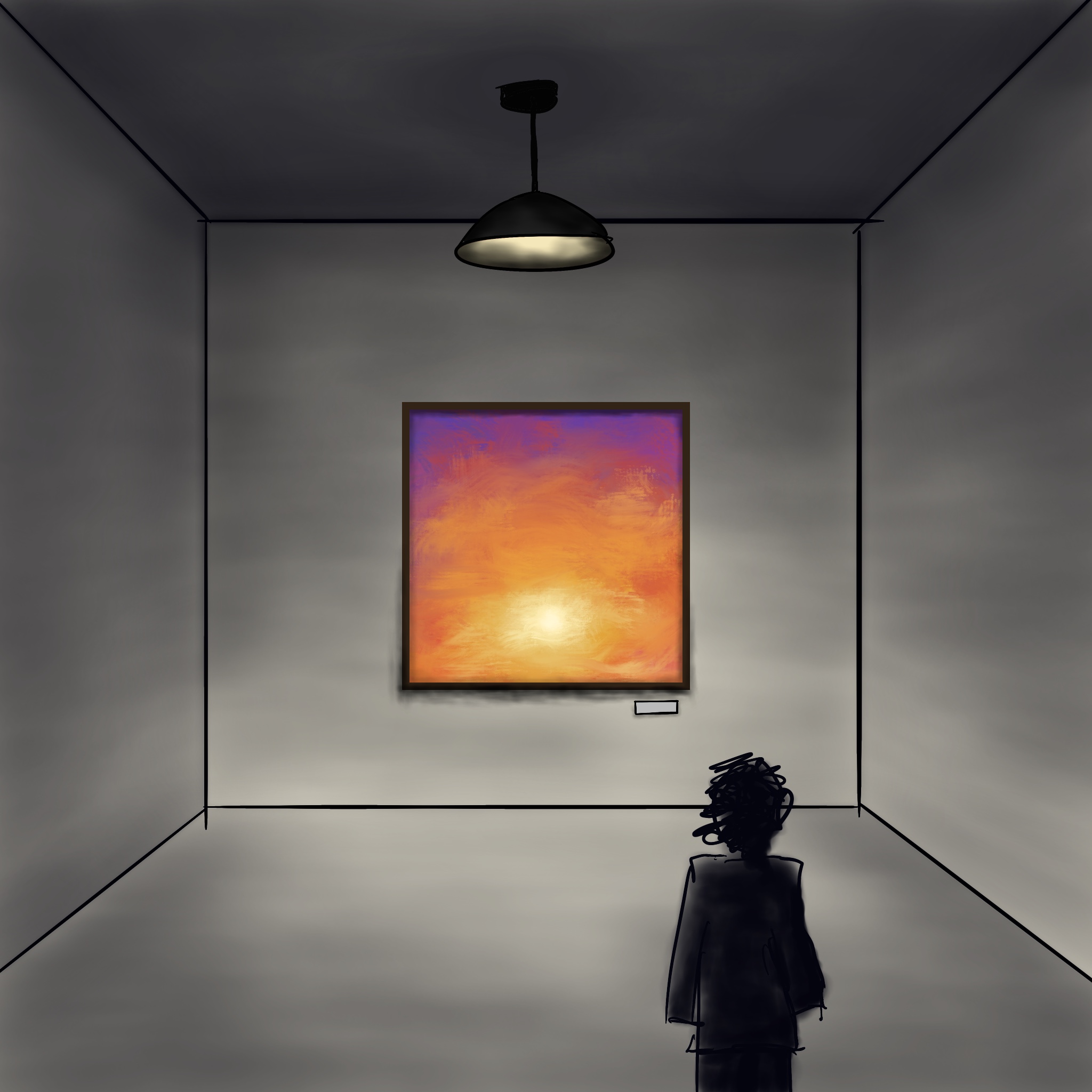 A painting of a gallery where a viewer is enjoying a brightly colored painting.