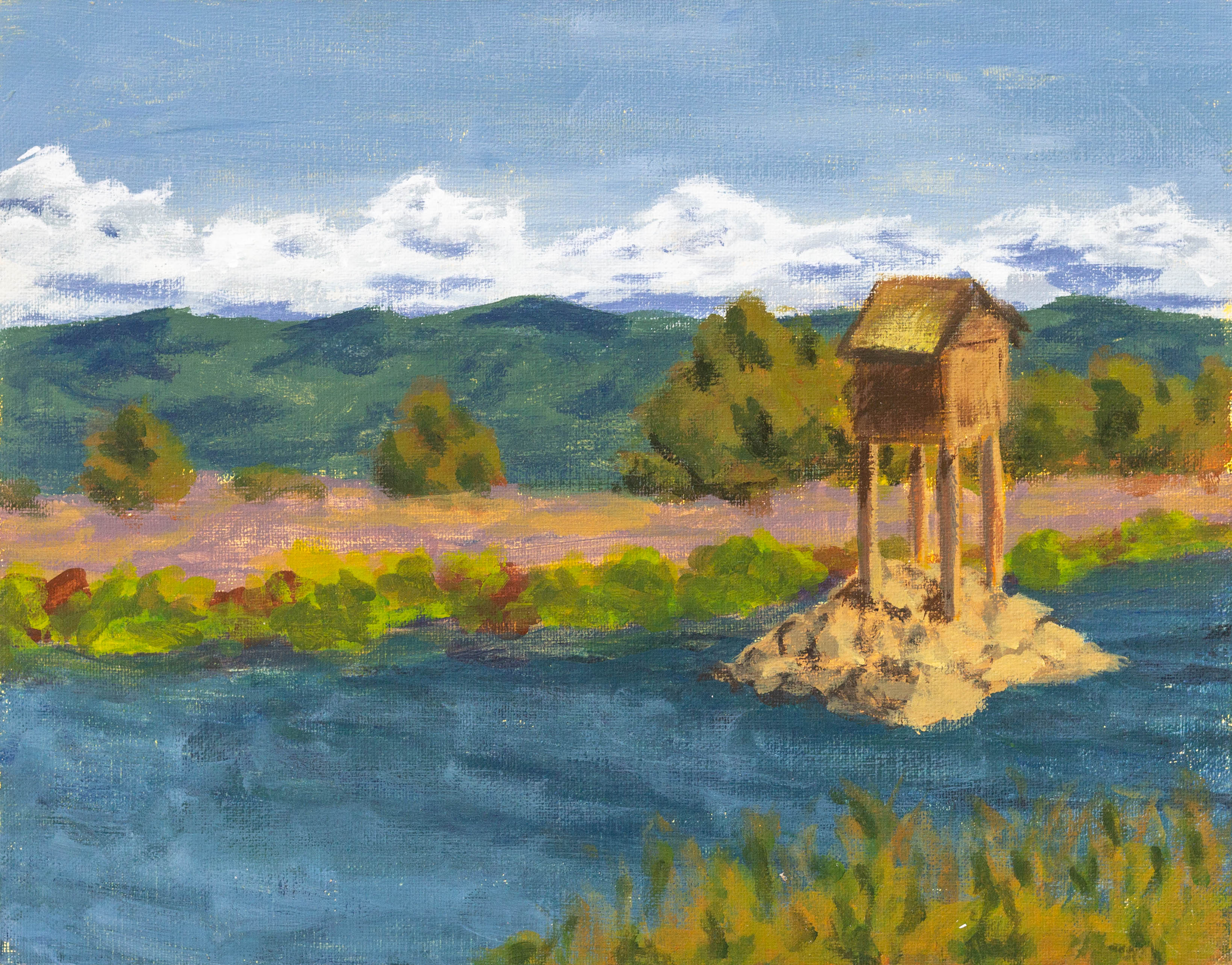 A painting of a bird house on a rock island in a pond.