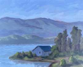A painting of a house on the shore of a lake with some mountains in the background on a sunny day.