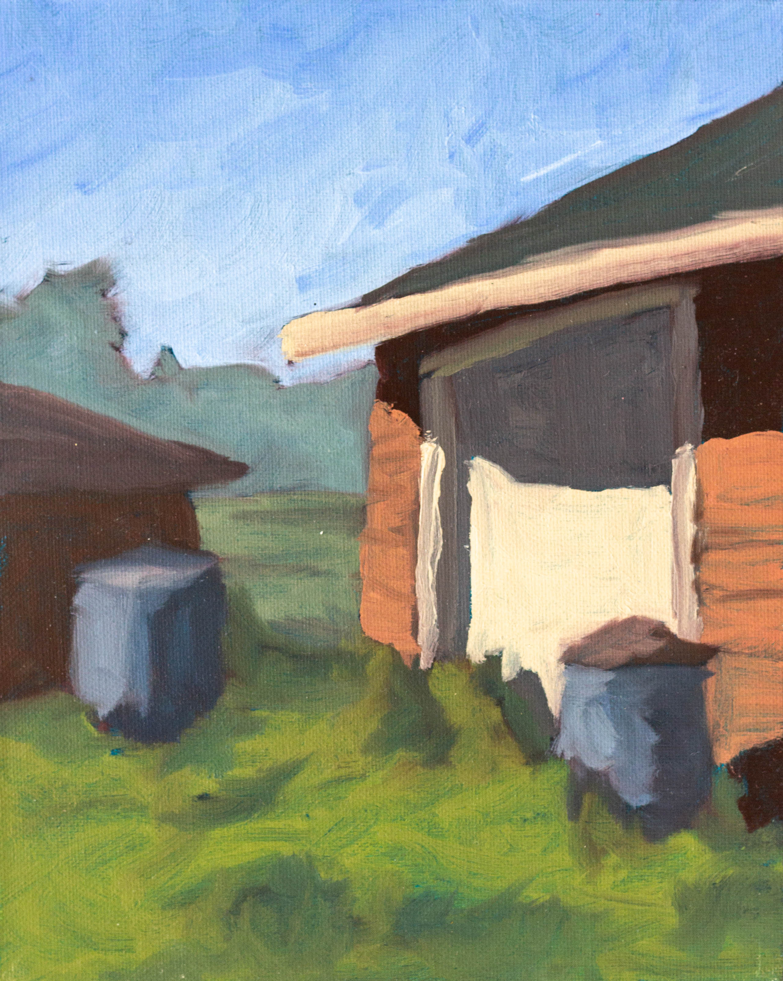 A painting of a garage door on a sunny day.