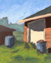 A painting of a garage door on a sunny day.