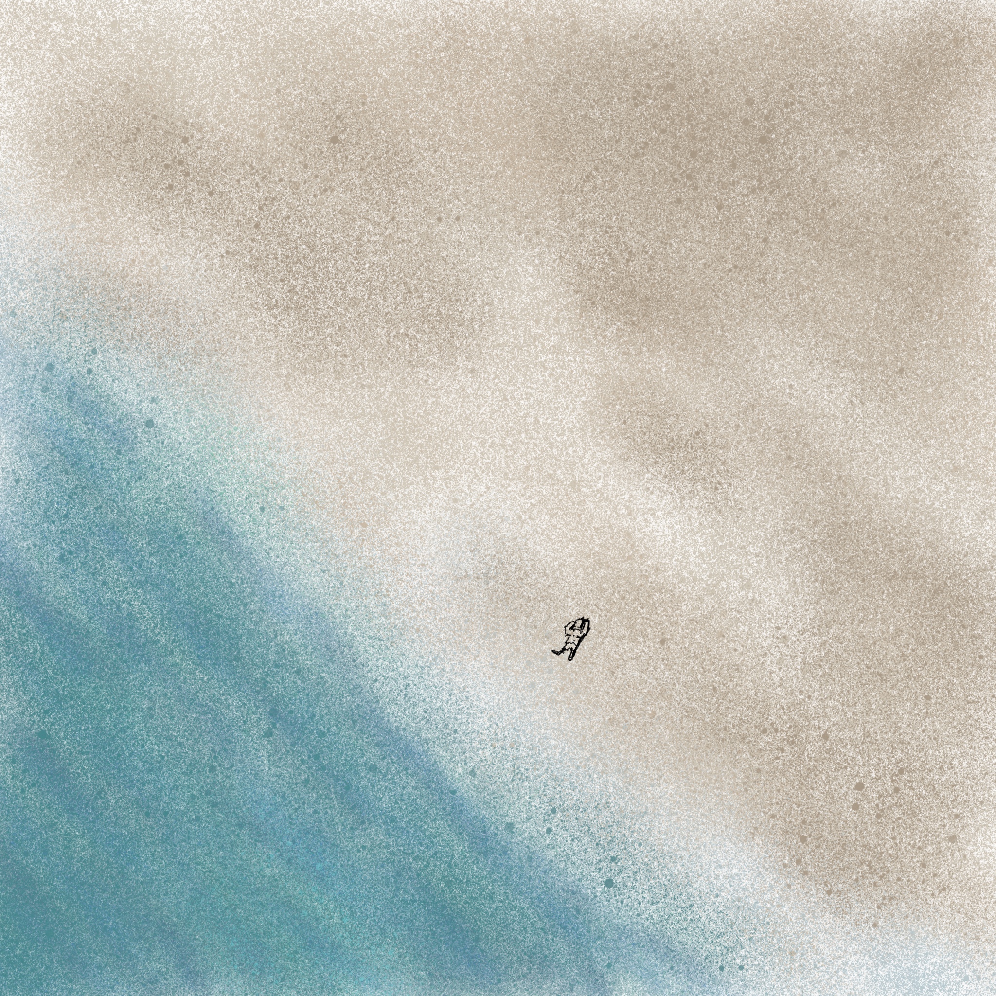 A drawing of a beach viewed from above, with a single patron enjoying the sand and sun.