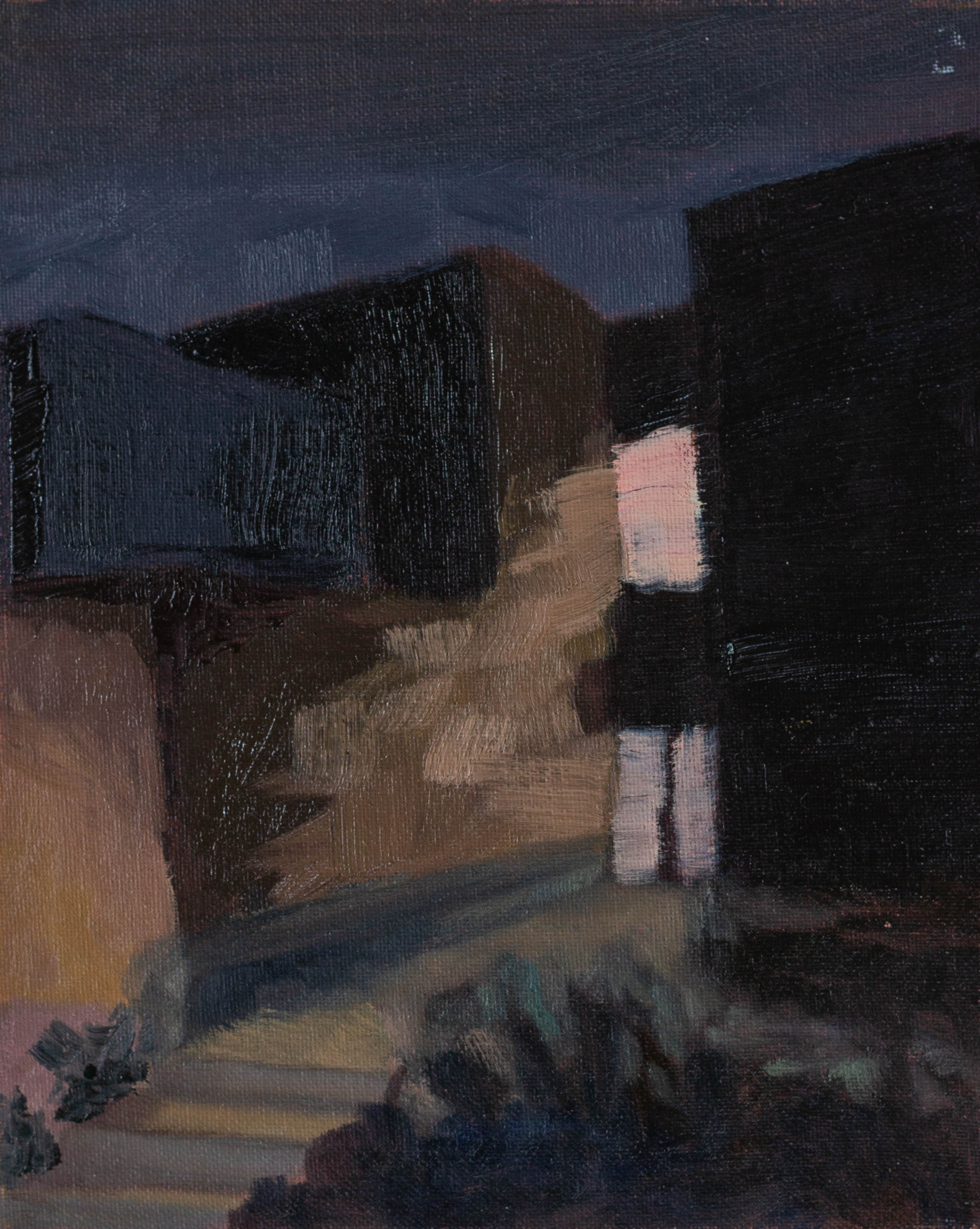 A painting of an office building at night.