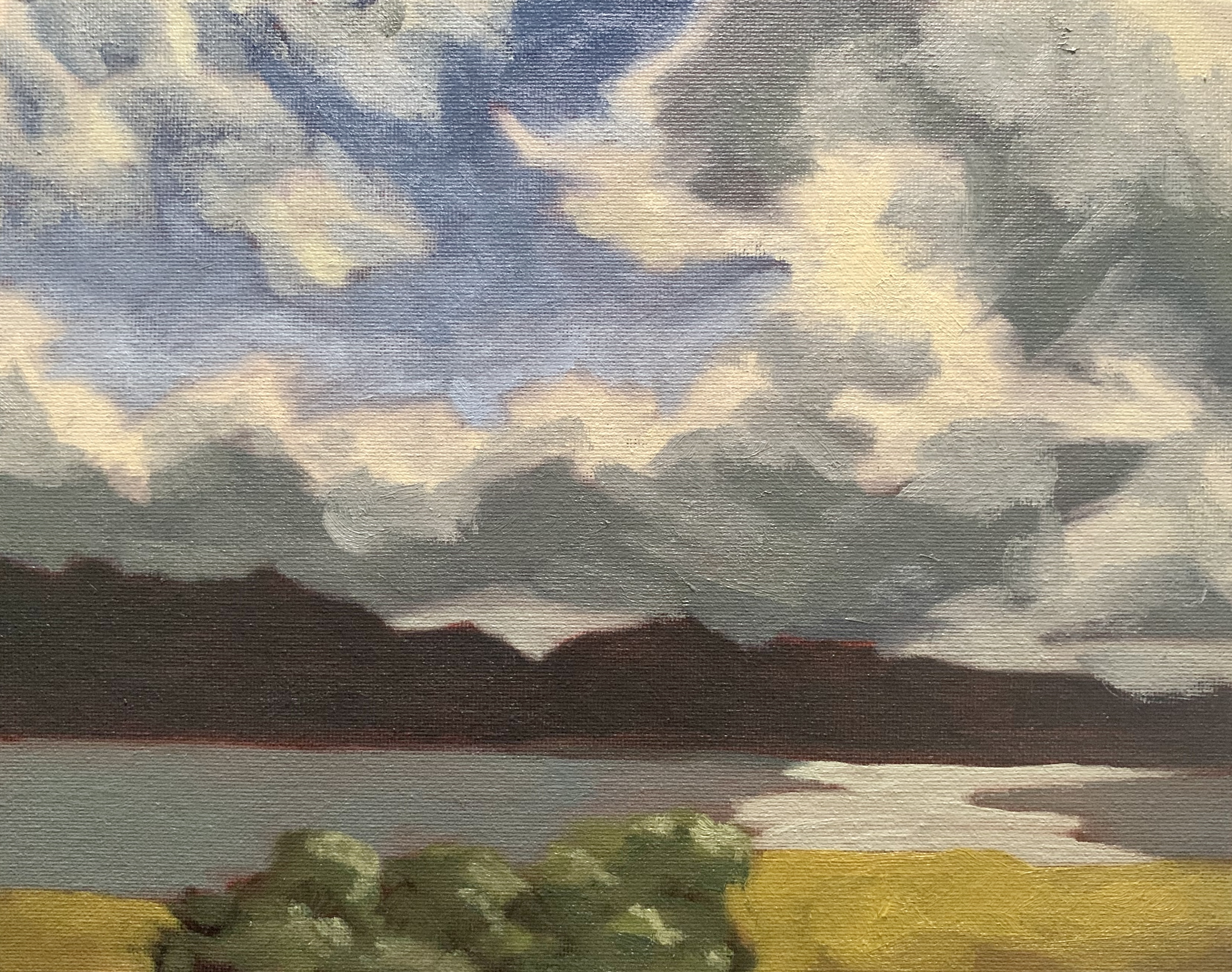 A painting of some clouds over a lake on a sunny day.