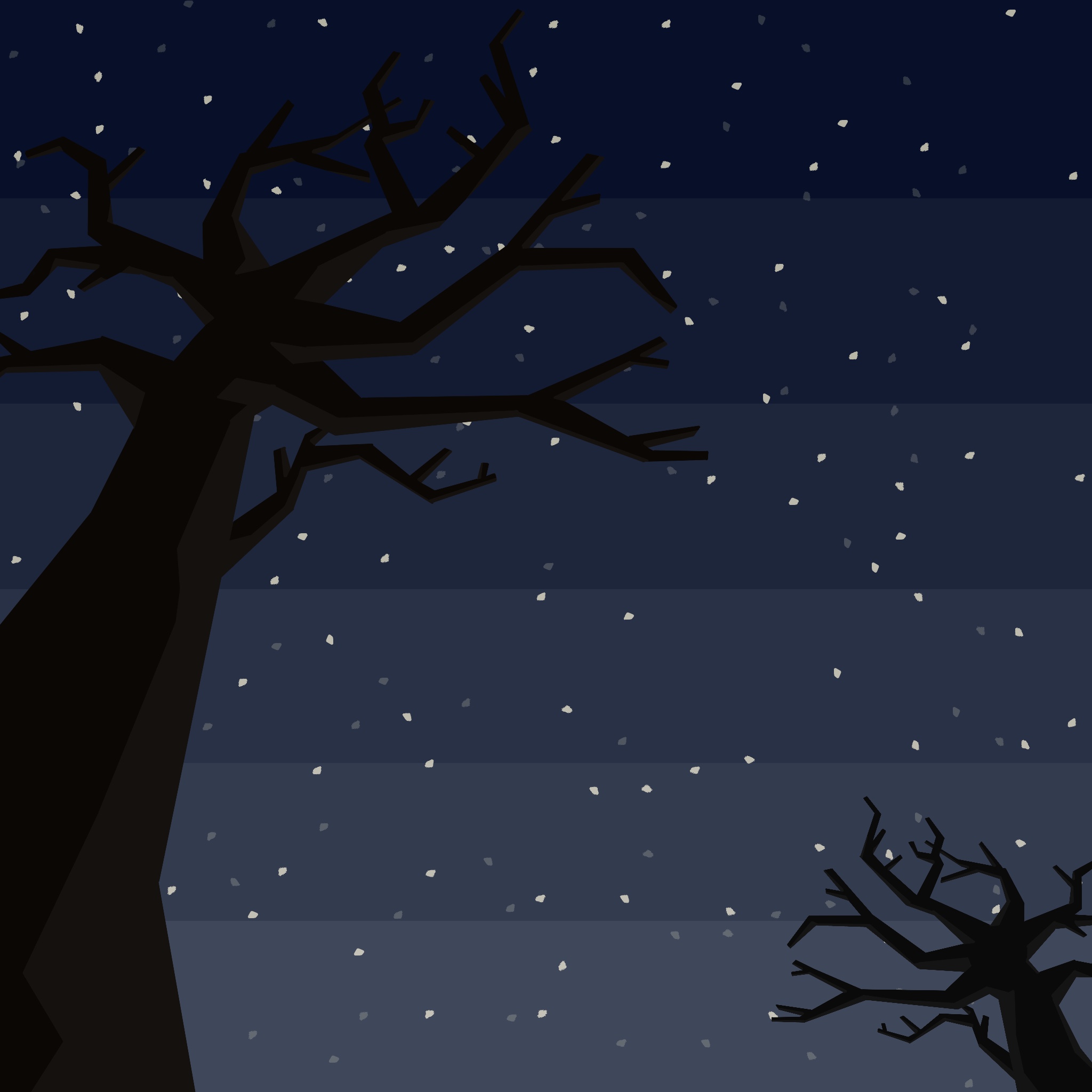 A painting of the stars above the tree branches as night falls.