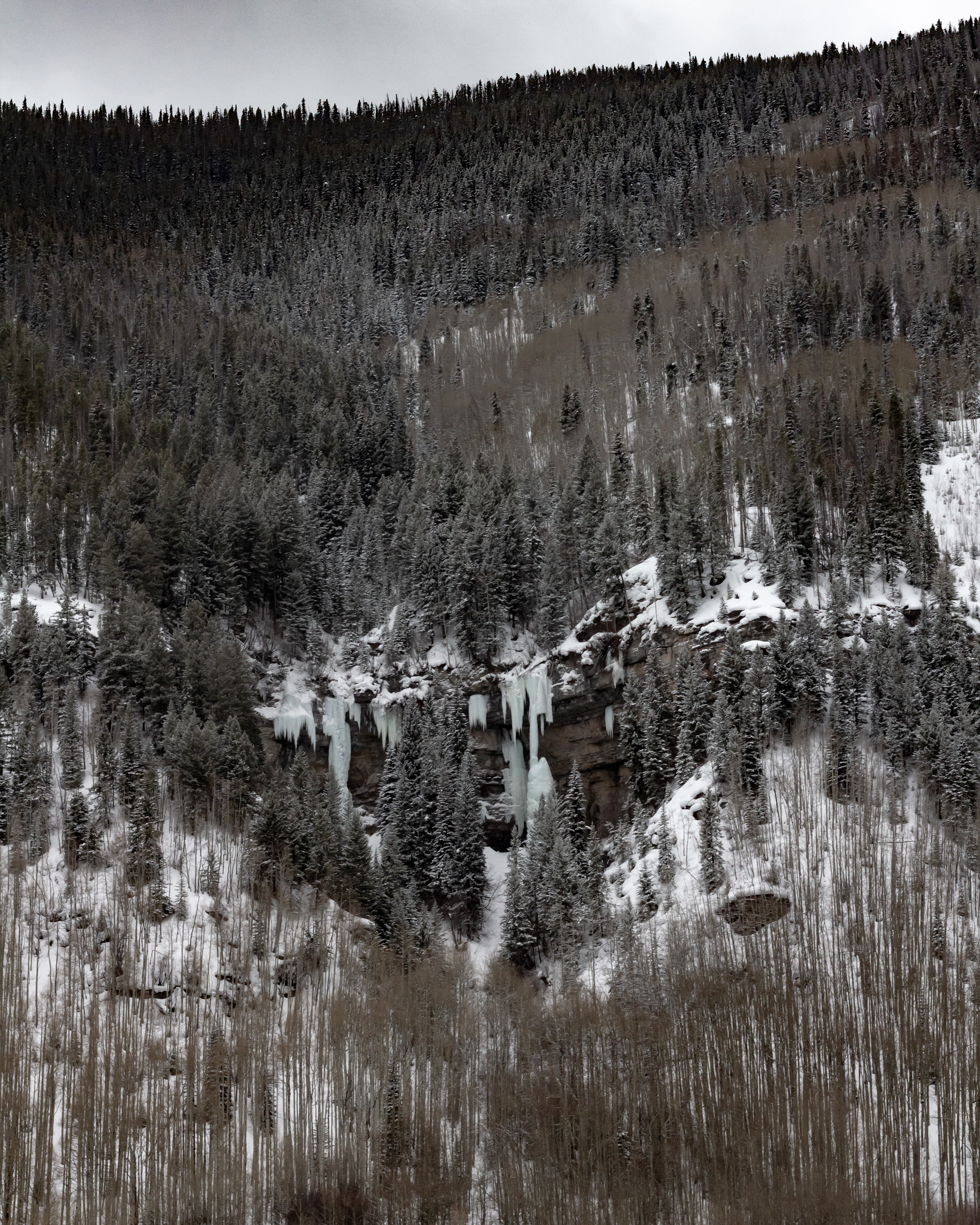 A photograph of some large icicles hanging off of a rocky cliff on a snowy mountainside.