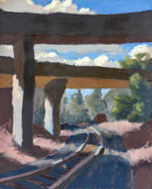 A painting of some railroad tracks passing under several raised freeways.