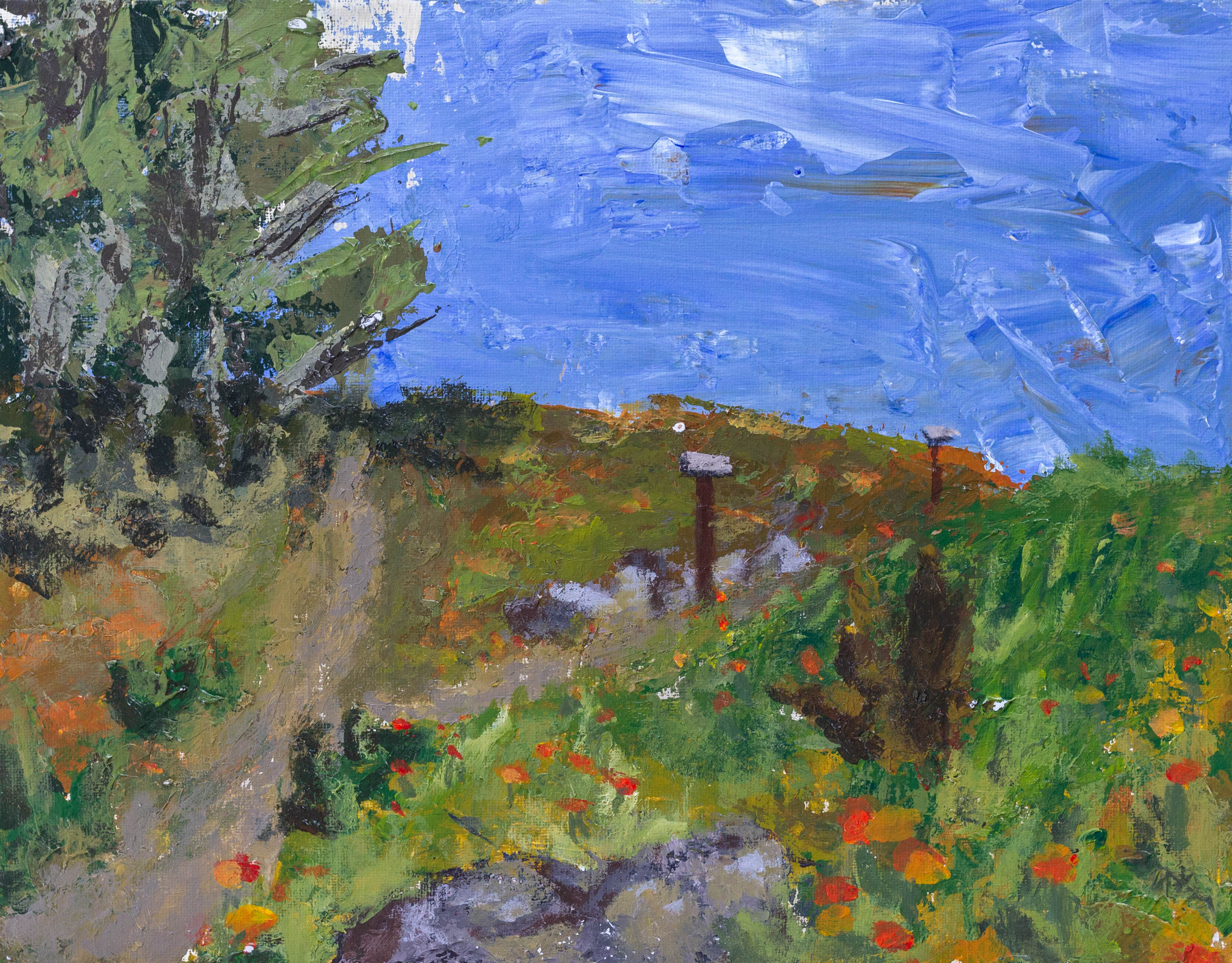 A painting of a pathway lined by flowers and trees on a blue sky day.