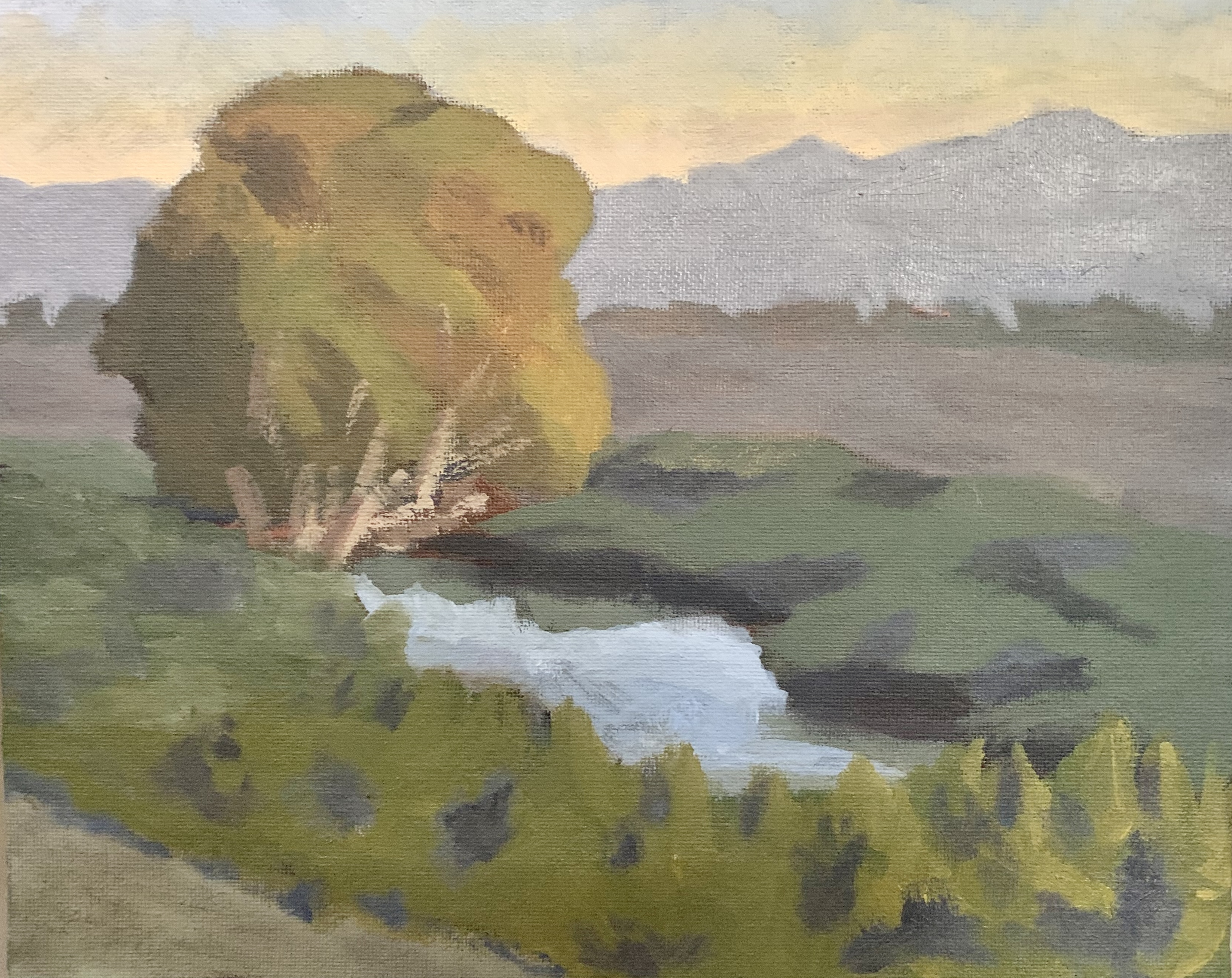 A painting of a tree next to a river just after sunset.