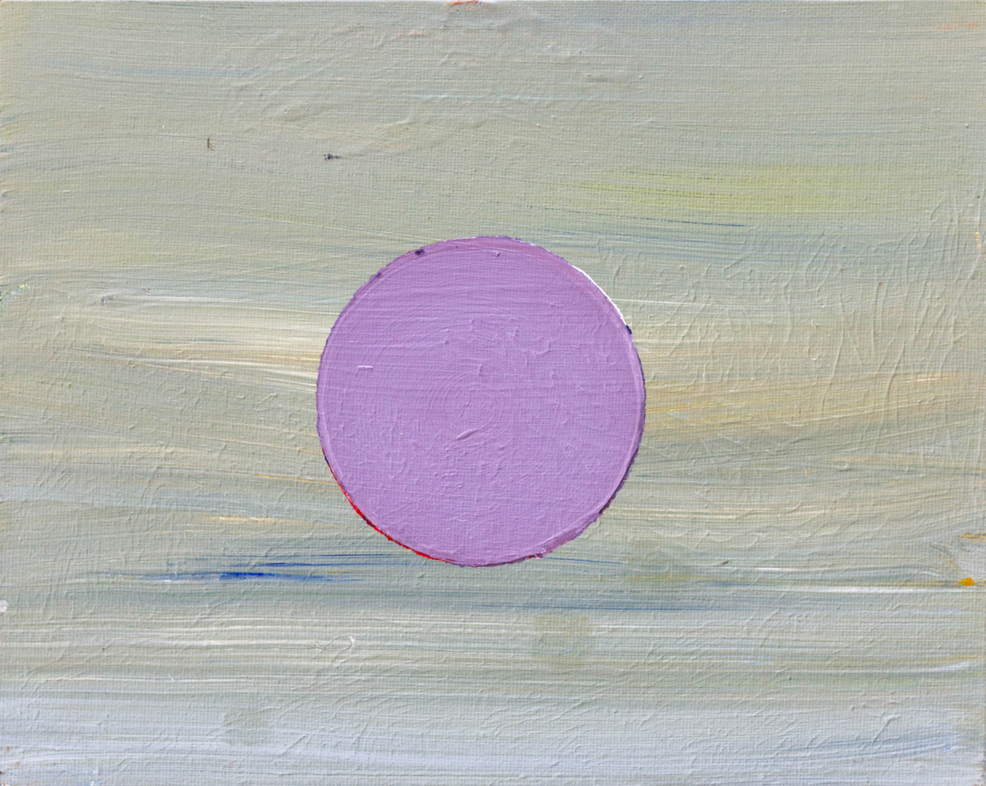 A painting of a purple circle in front of a grey-green background.