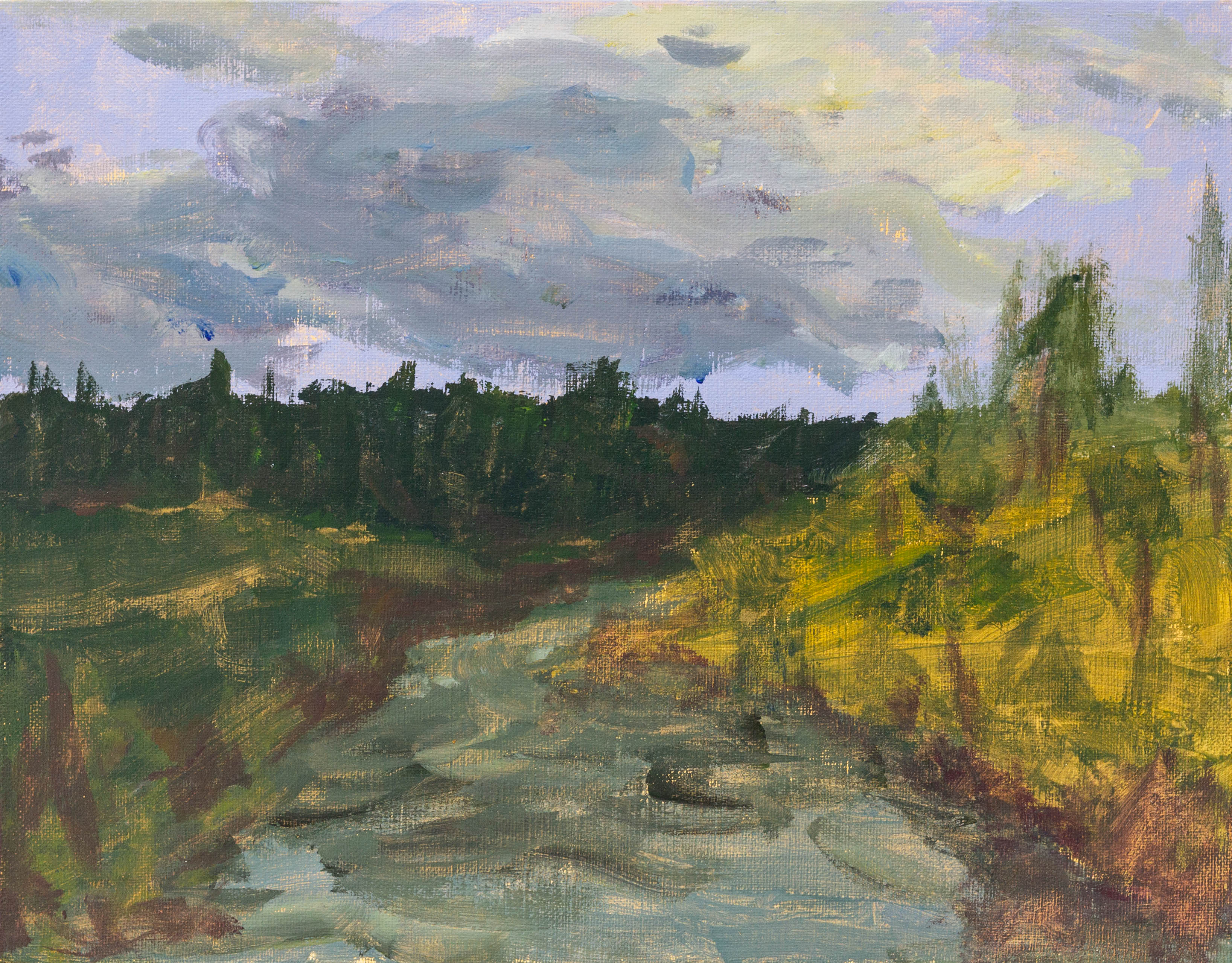 A painting of a river with a large cloud above.
