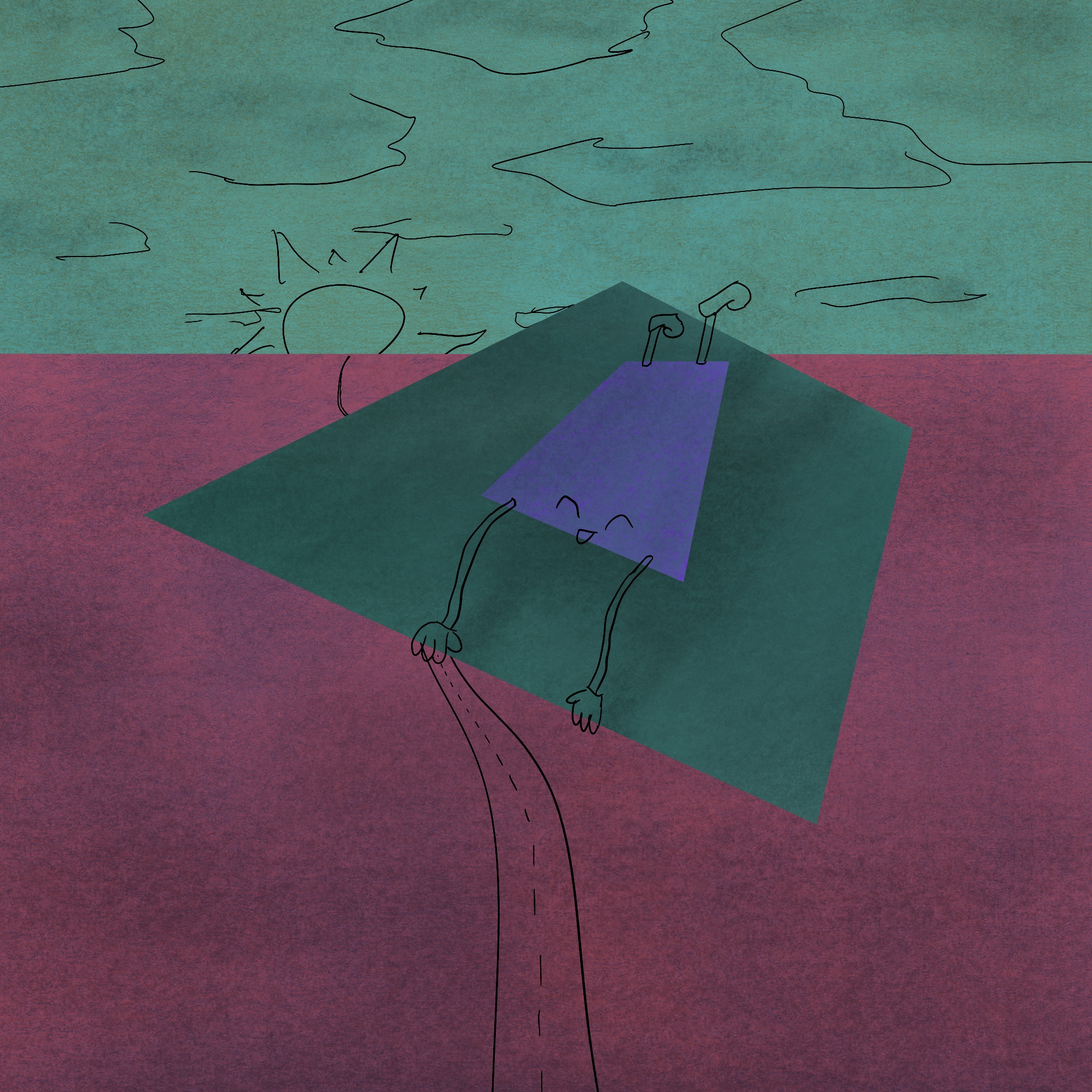 A drawing of a carpet riding a magic carpet far above the land below.