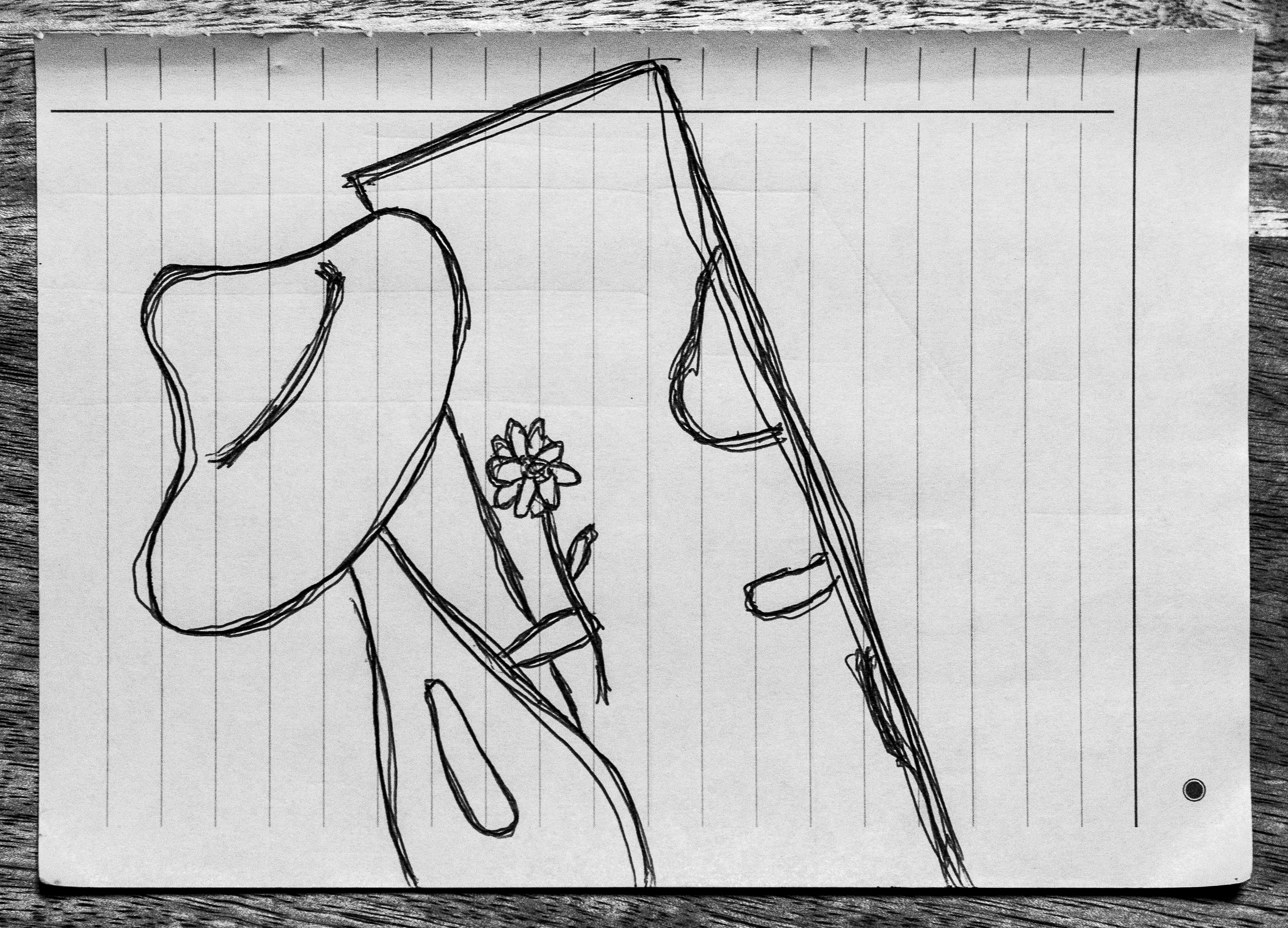 A drawing of a creature giving another creature a flower through a door threshold.