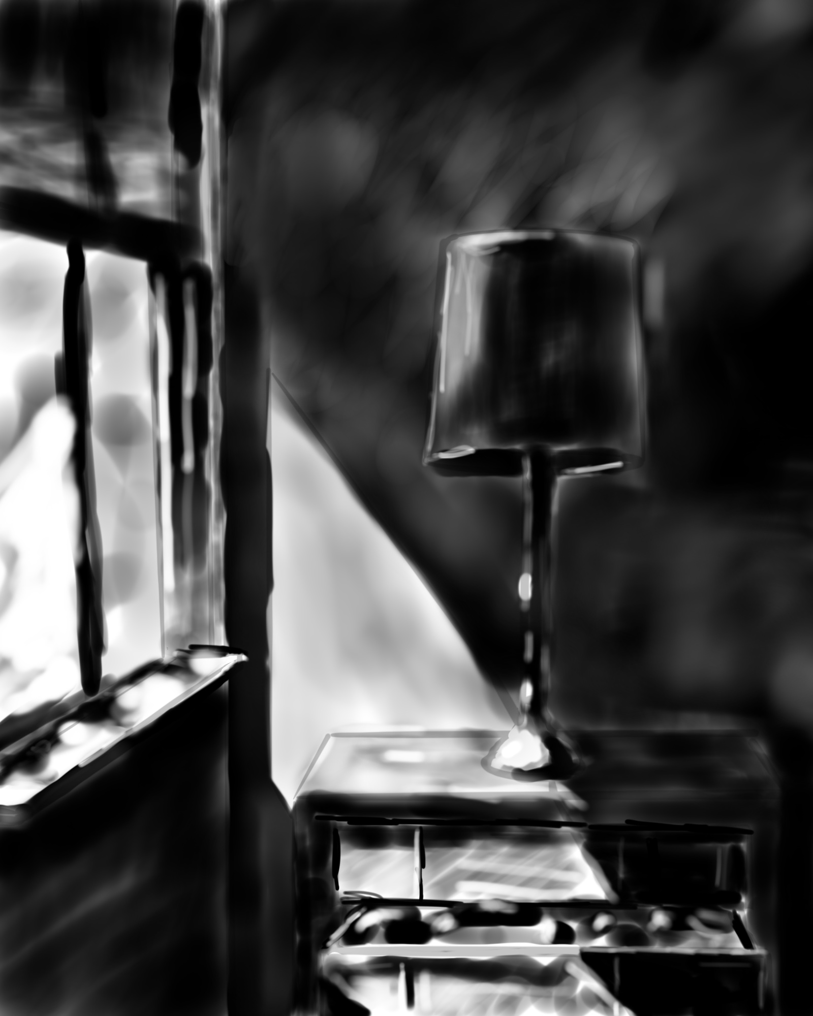 A digital painting of a lamp on a dresser, partially lit by the sunshine coming through the window beside it.