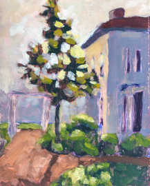 An oil painting of a house's side yard, showing a tree with sun shining through from behind it.