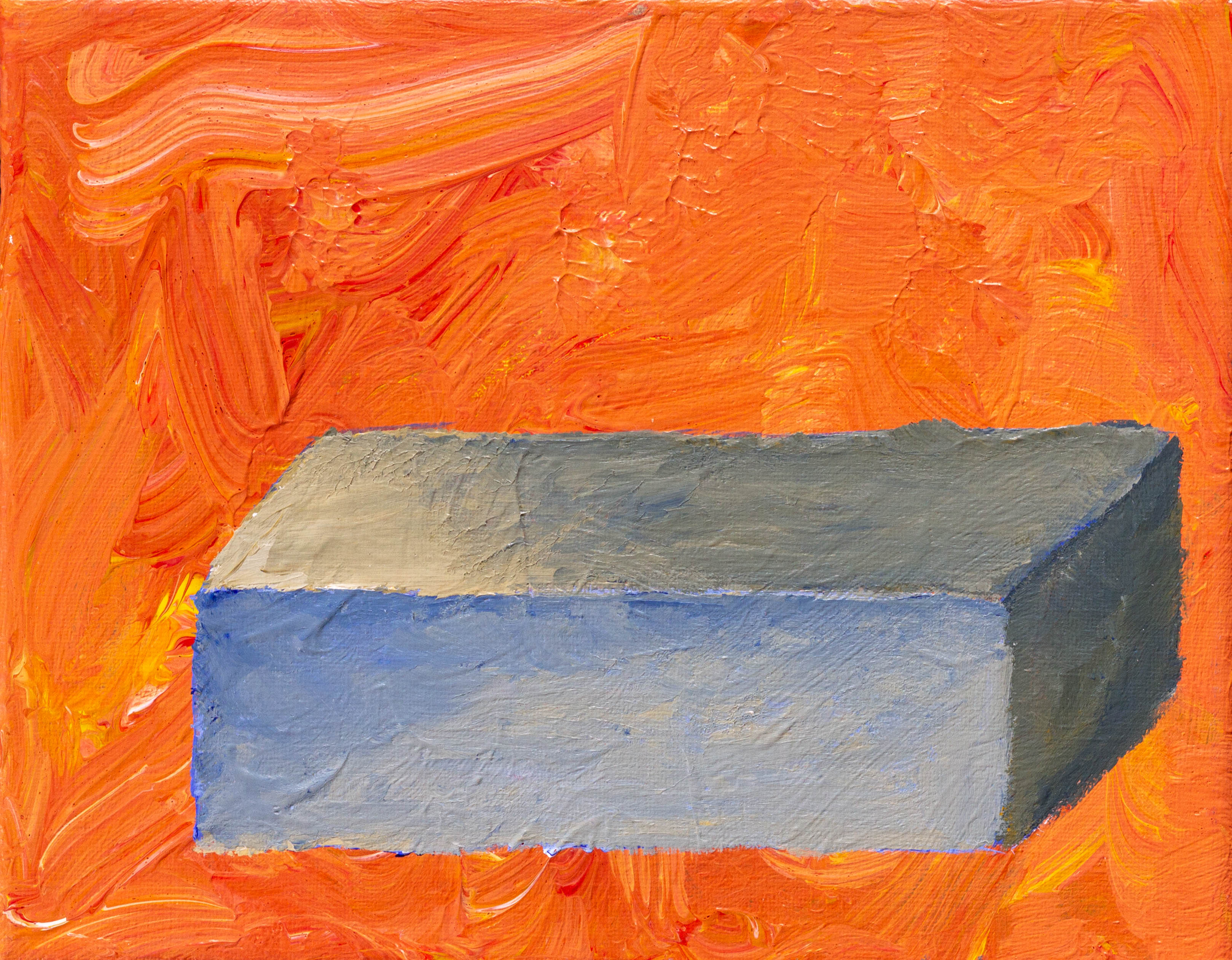 A painting of a blue-green-ish brick on an orange background.