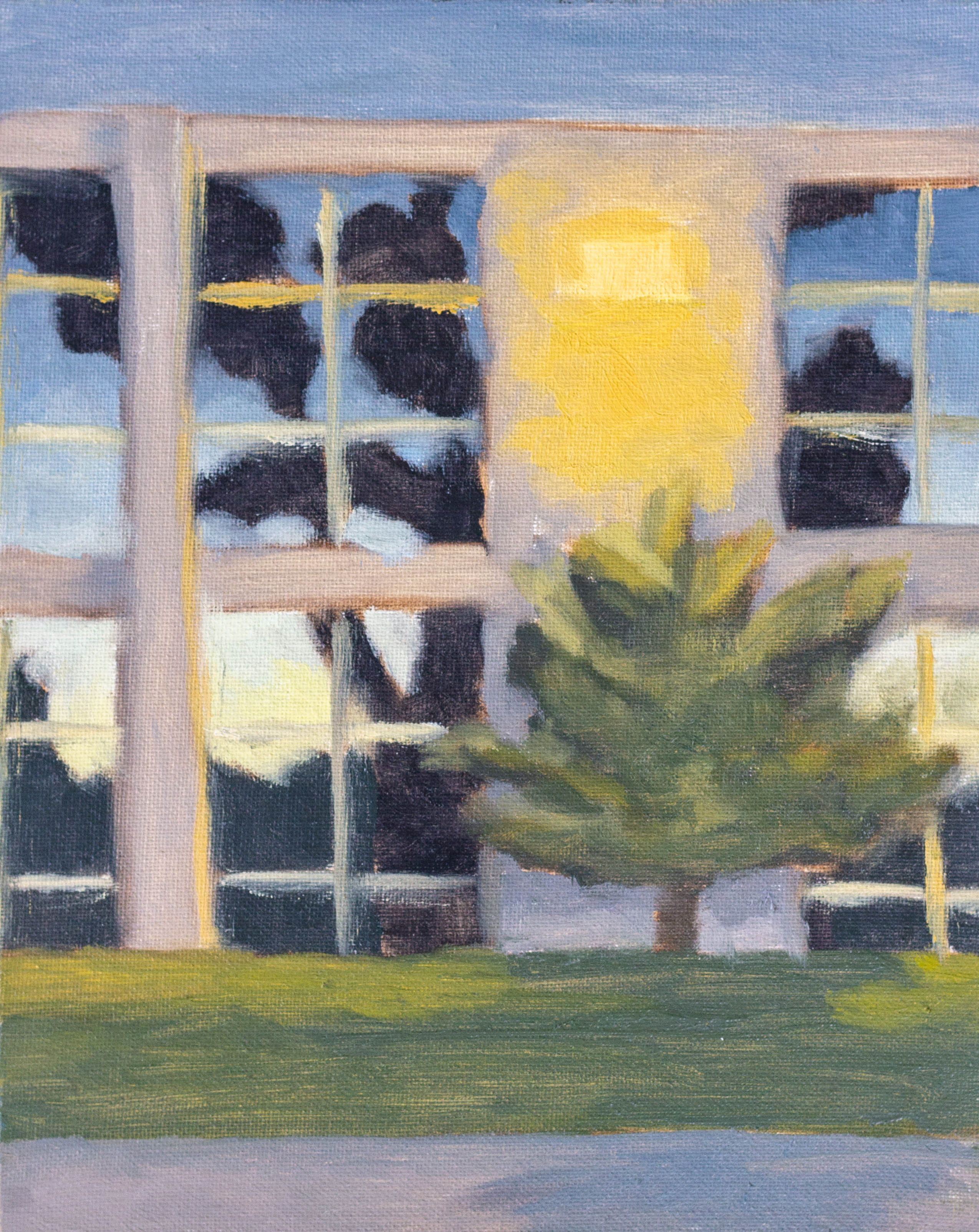 An oil painting of the windows of an office building as they reflect the sky after sunset.