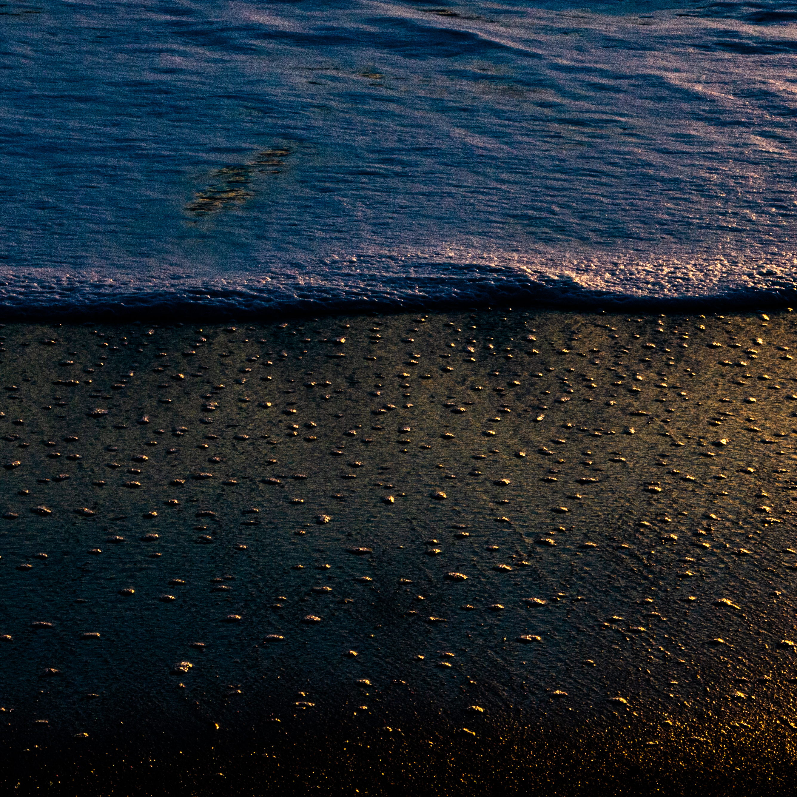A photograph of the ocean shore as a wave slowly rolls in.