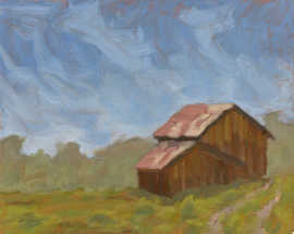 A painting of an old barn in a field on a sunny day.
