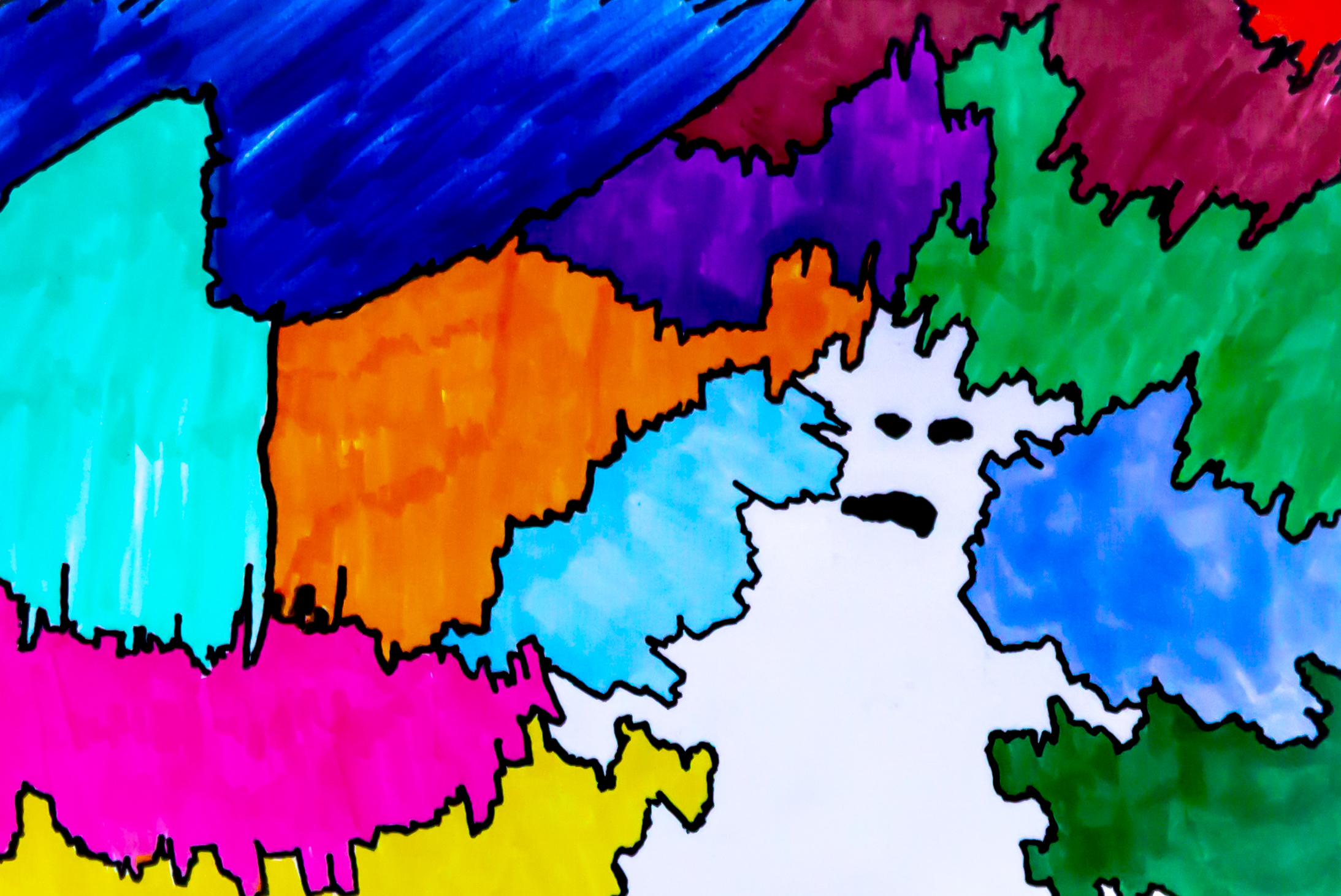 A drawing of the the confines that a white creature is bound too, amongst the brightly colored bordering spaces.