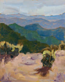 An oil painting showing the layers of mountains in the distance beyond the ridge.