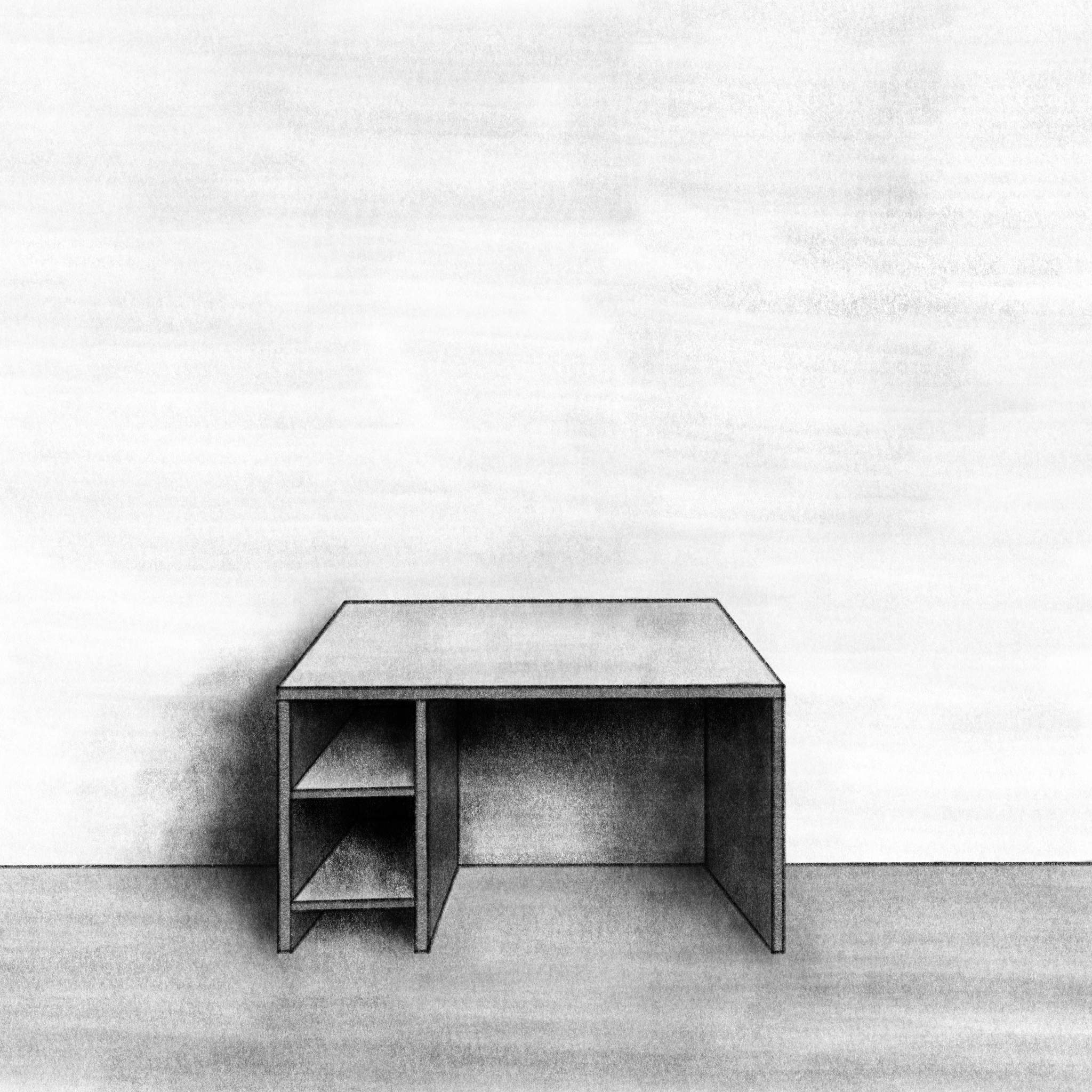 A drawing of a desk against a wall.