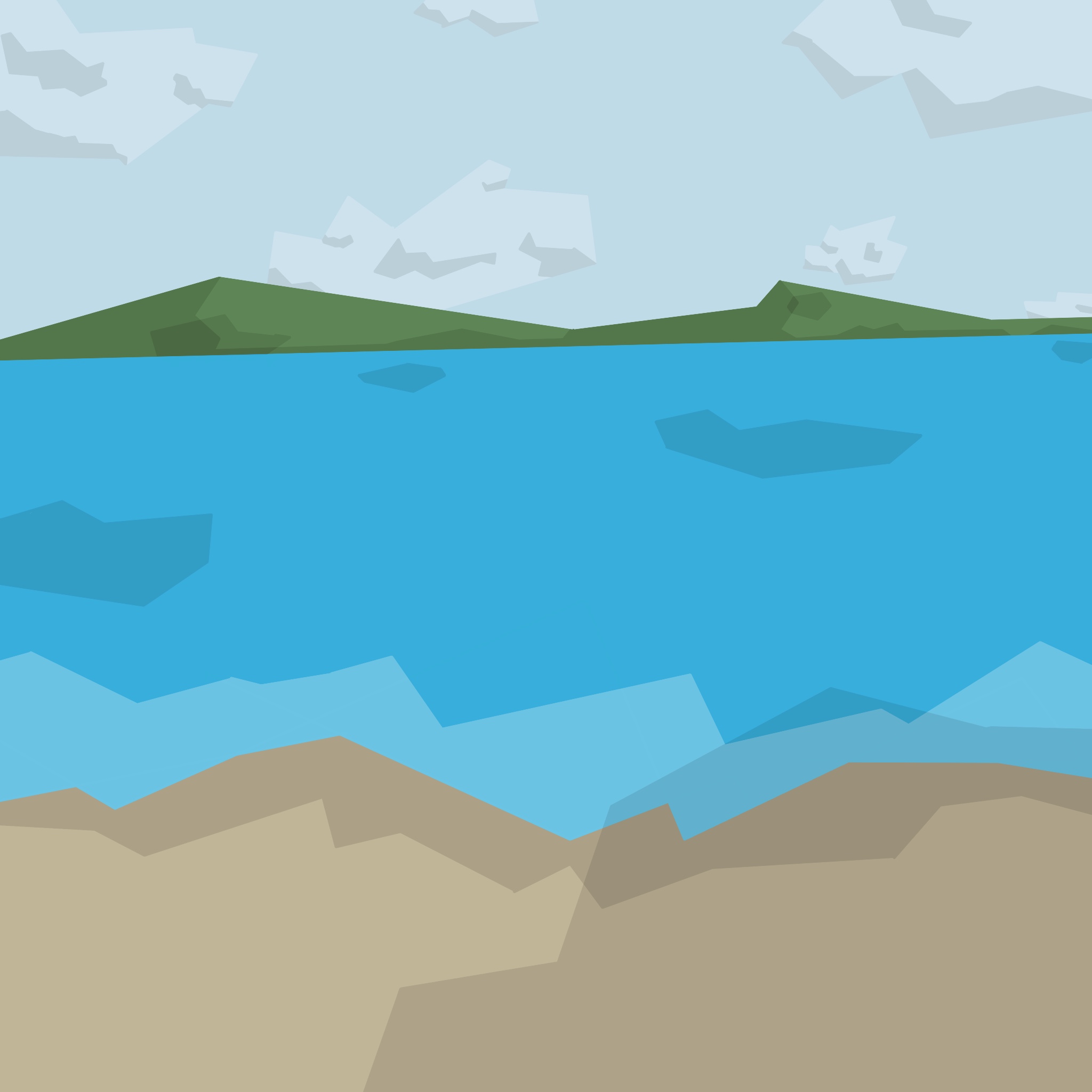 A painting of the sea, with some mountains in the distance.