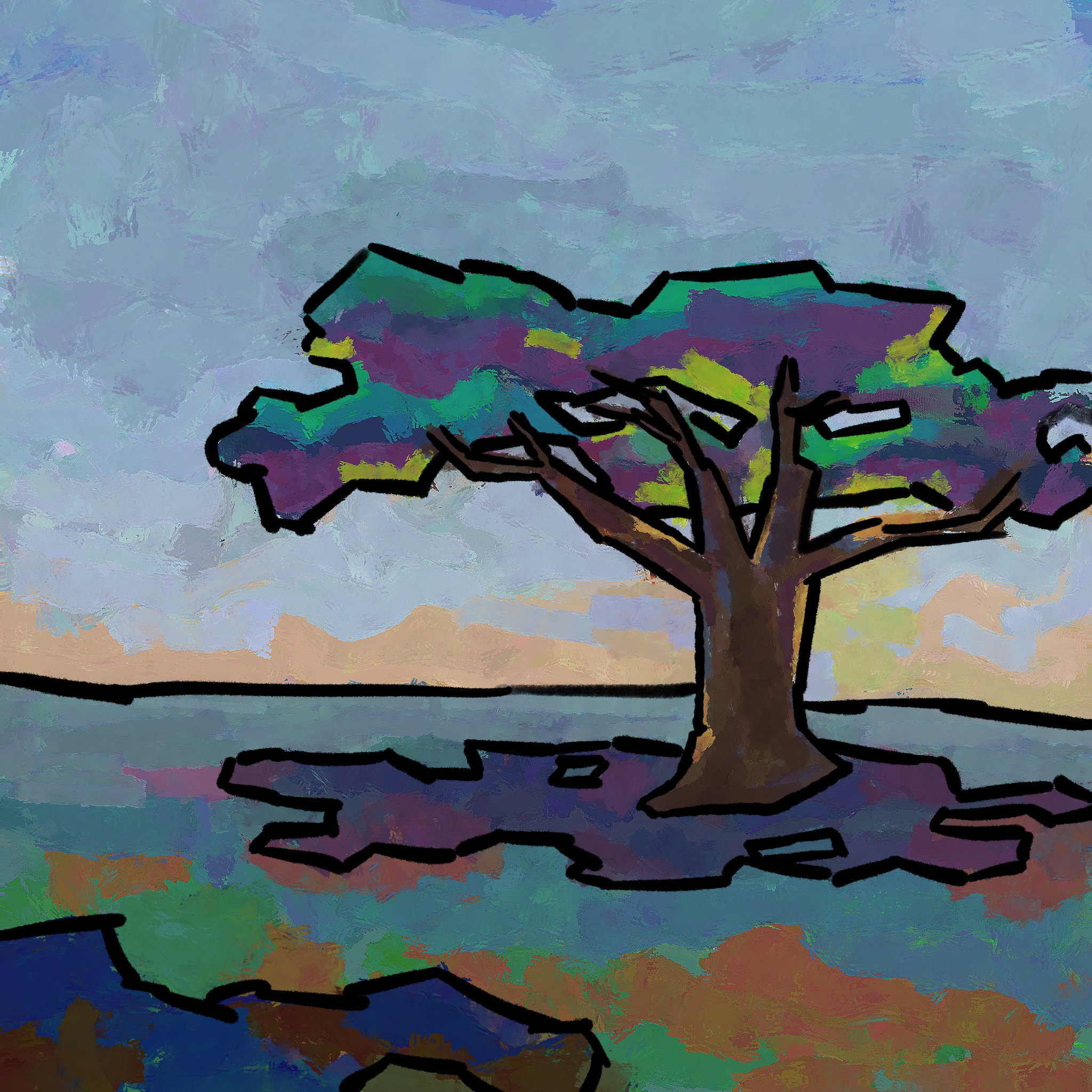 A digital painting of a tree in a field.