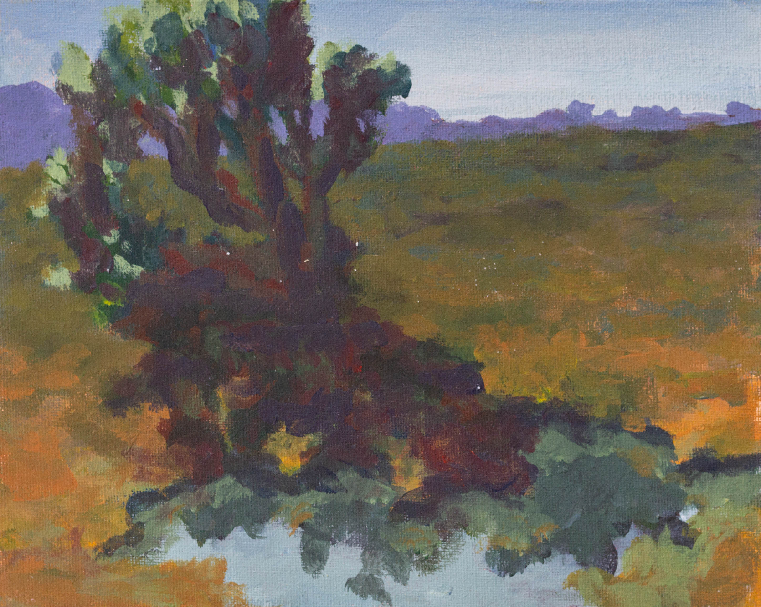 A painting of a tree next to a pond in an open field.