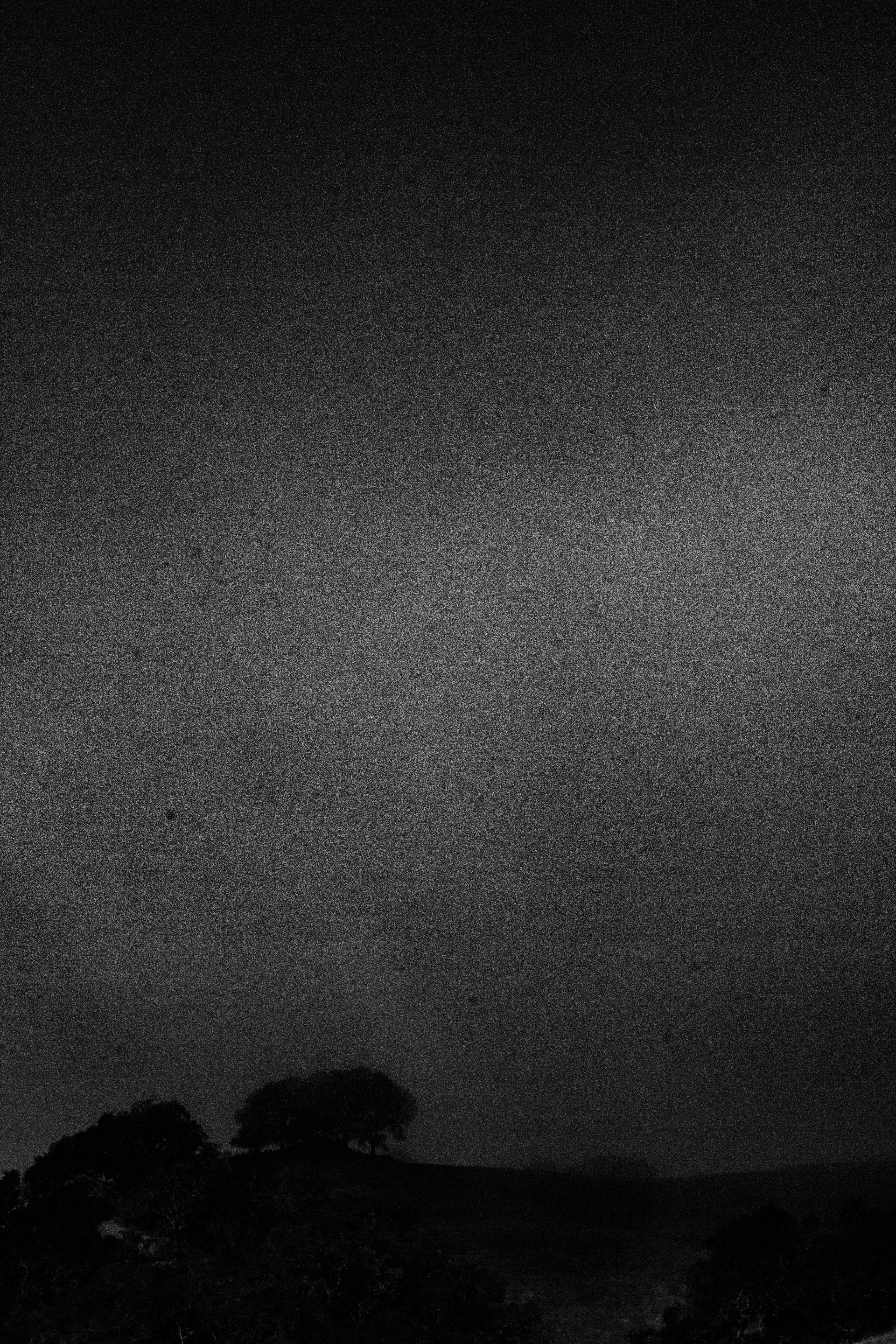 A photograph of a gloomy sky over a distant tree on a hillside.