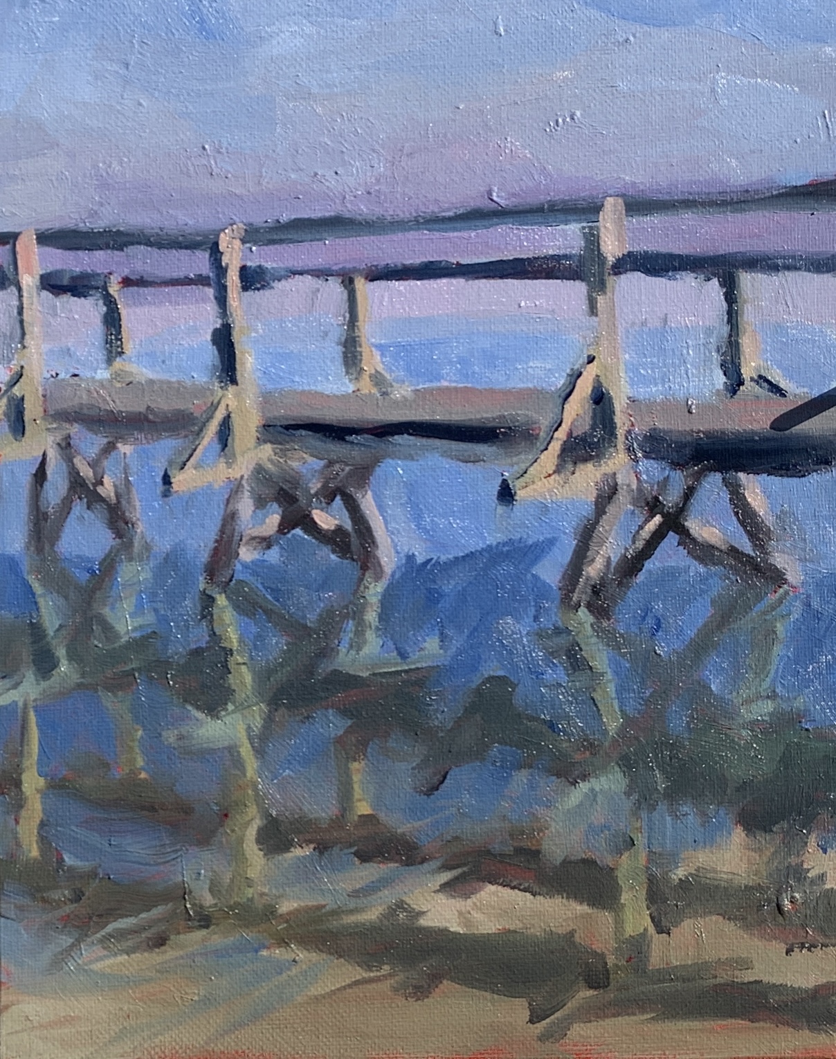 A painting of a wooden bridge over some water.