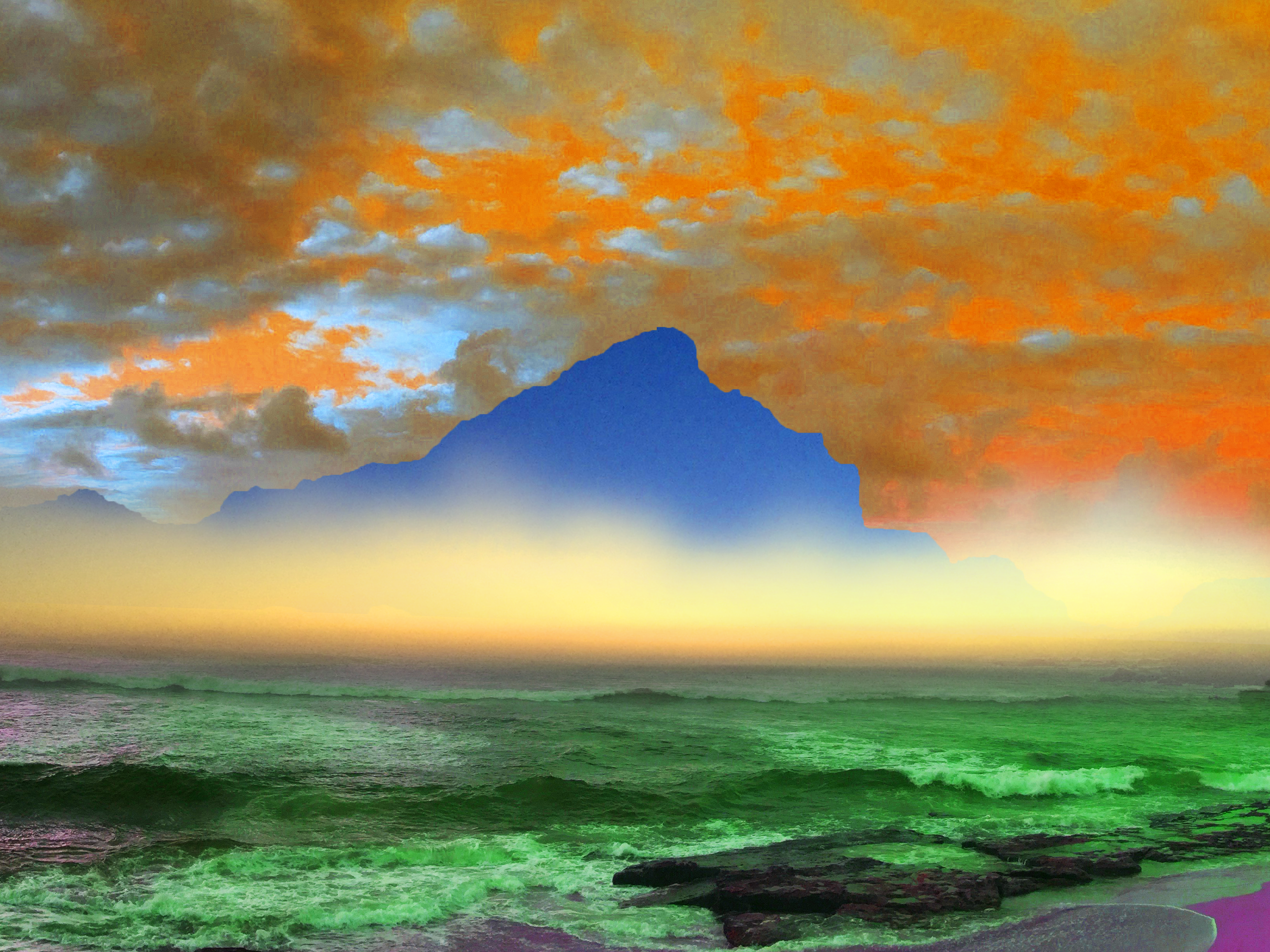 A digital image of an island off in the distance over the ocean, beyond the mist.