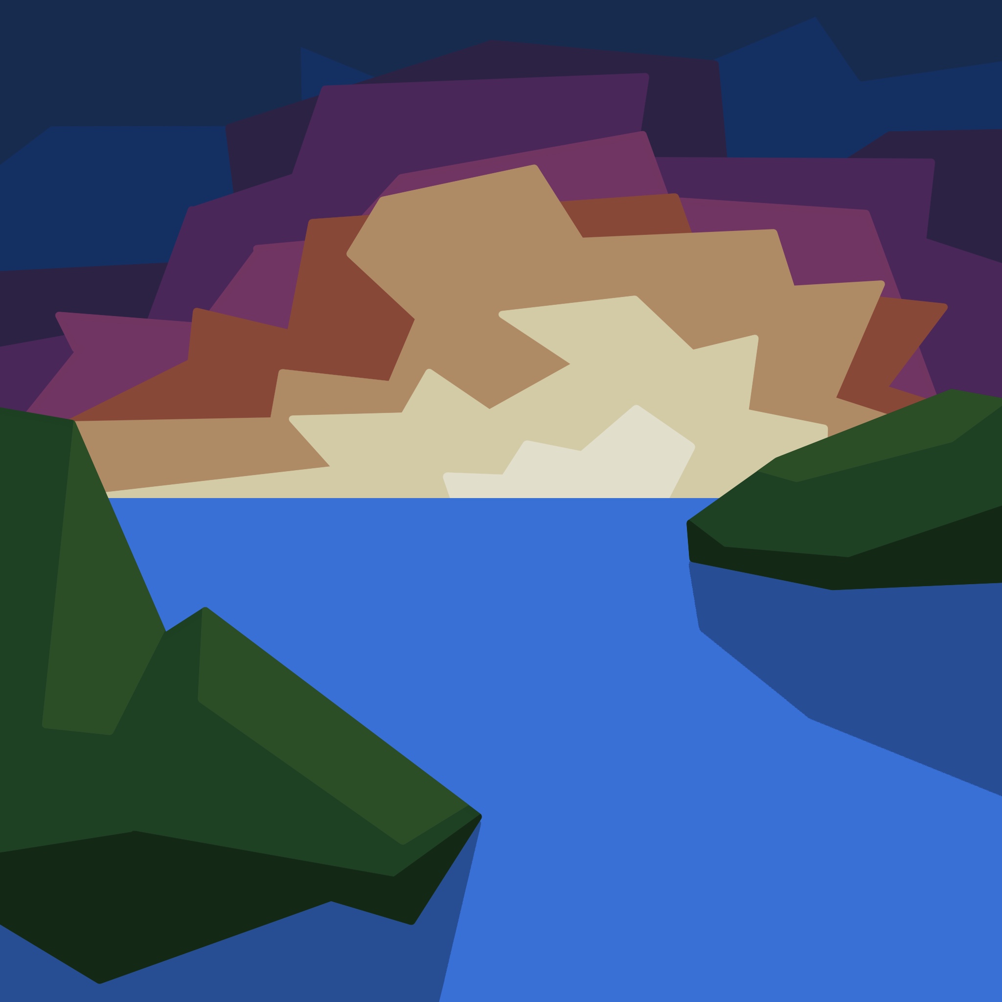 A painting of some islands during sunset.