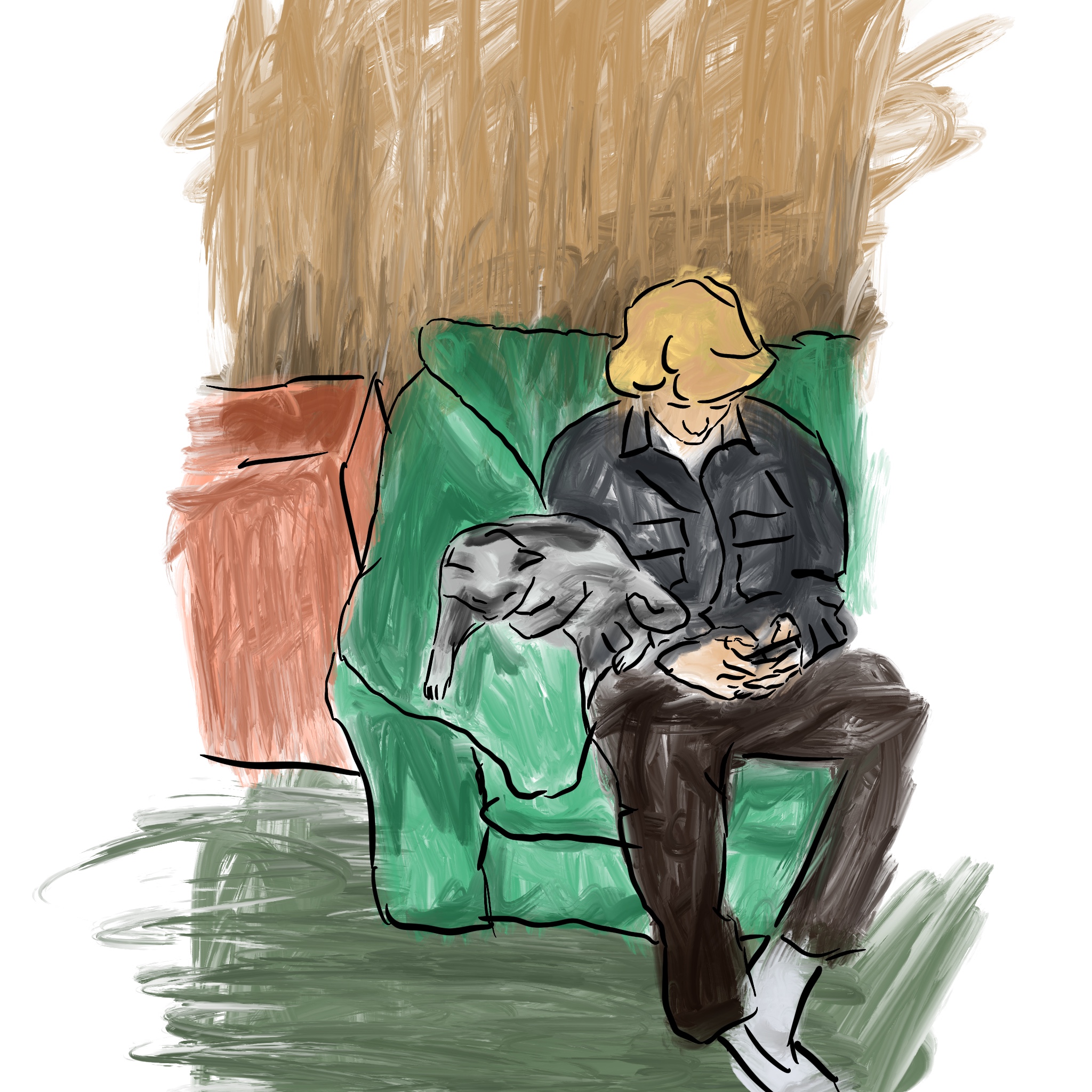 A drawing of a cat and their companion human on a couch.