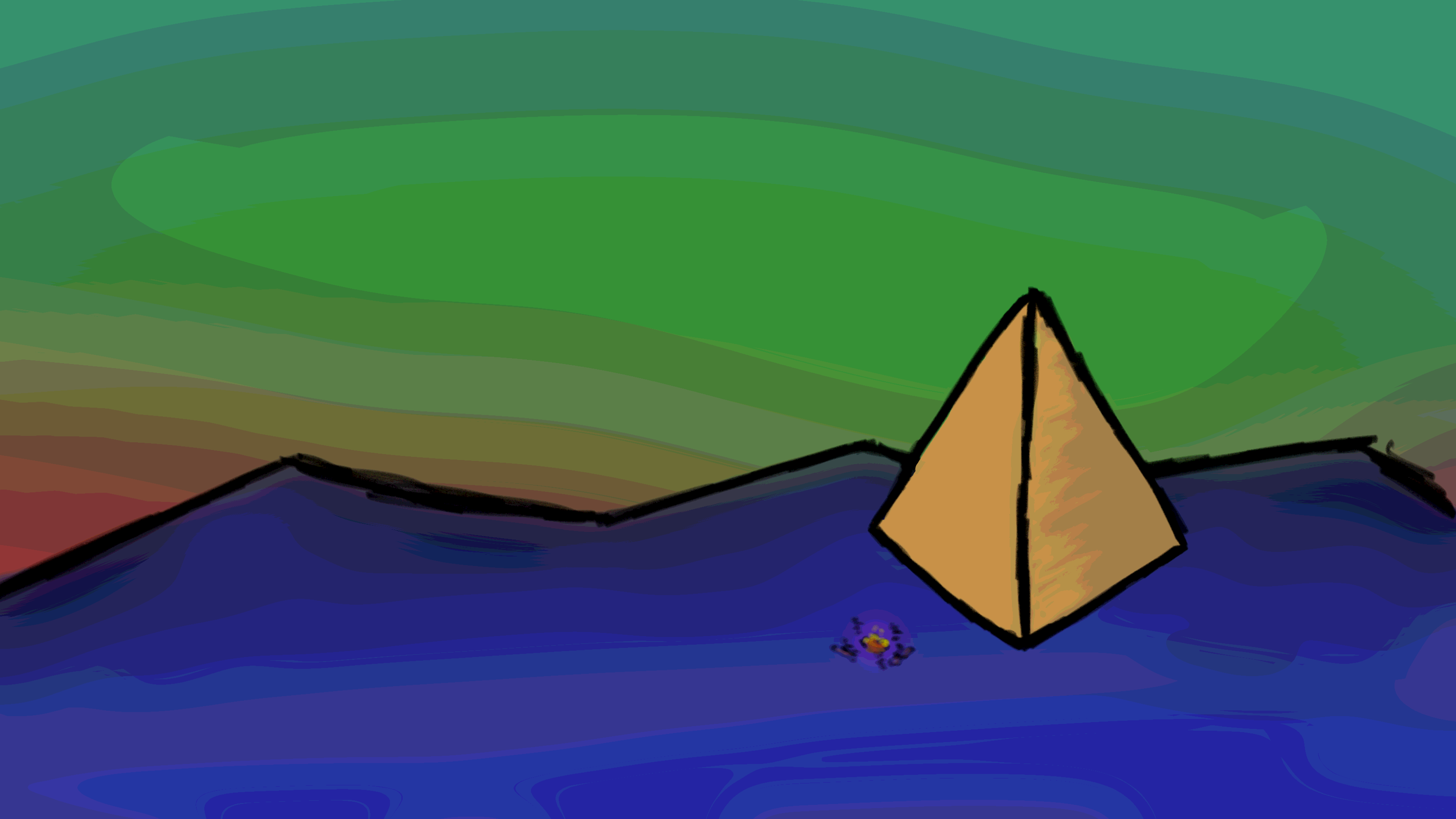 A drawing of a campfire beside a large pyramid.
