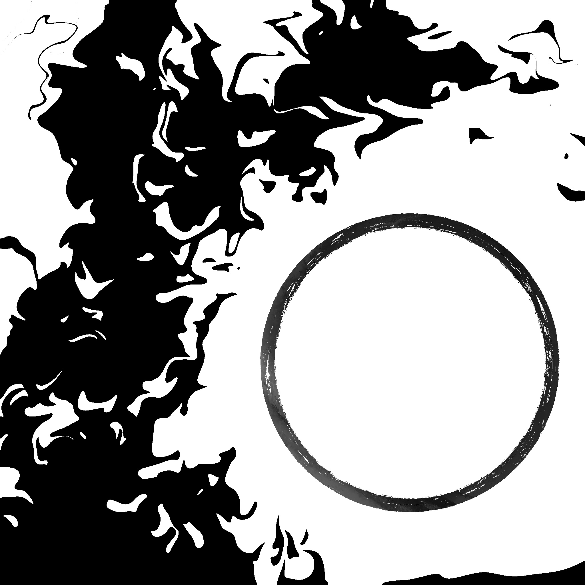 A painting of a ring amongst fluid disturbances.